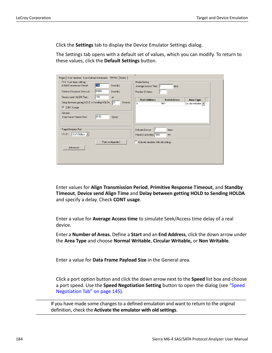 Device emulator settings (sata only) | Teledyne LeCroy STX M6-1 SAS_SATA Protocol Analyzer User Manual User Manual | Page 186 / 468