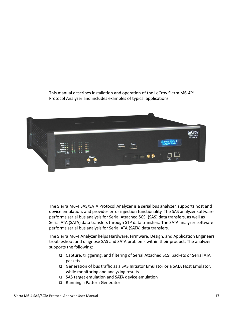 Chapter 1, Introduction, Analyzer overview | Teledyne LeCroy STX M6-1 SAS_SATA Protocol Analyzer User Manual User Manual | Page 19 / 468