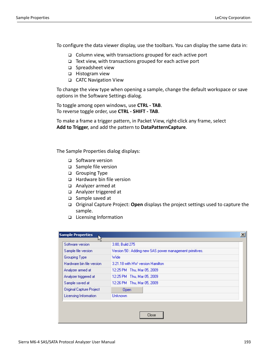 Using the viewer display, Sample properties | Teledyne LeCroy STX M6-1 SAS_SATA Protocol Analyzer User Manual User Manual | Page 195 / 468
