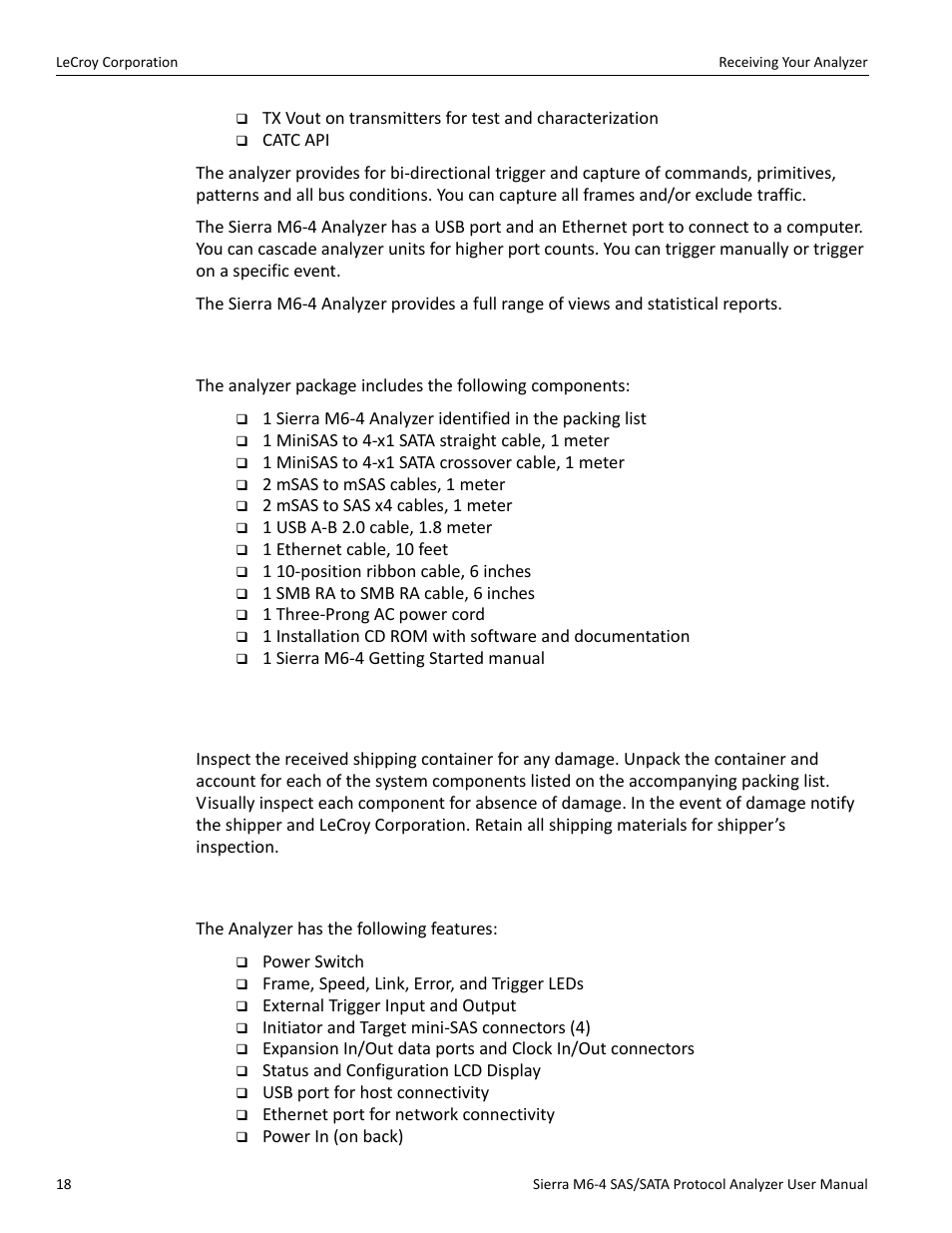 Receiving your analyzer, Unpacking your analyzer, Analyzer features | Teledyne LeCroy STX M6-1 SAS_SATA Protocol Analyzer User Manual User Manual | Page 20 / 468