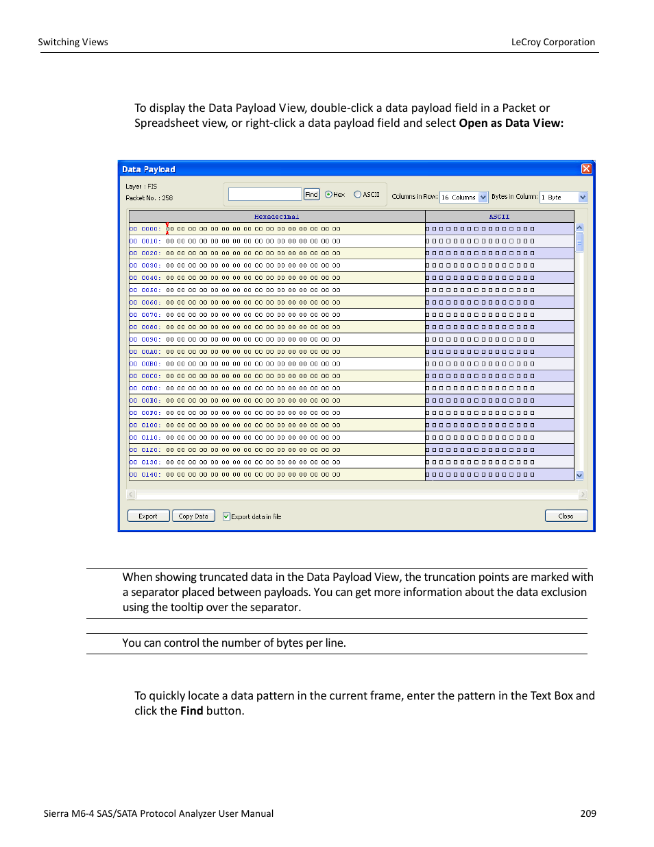 Data payload view, Find data pattern | Teledyne LeCroy STX M6-1 SAS_SATA Protocol Analyzer User Manual User Manual | Page 211 / 468