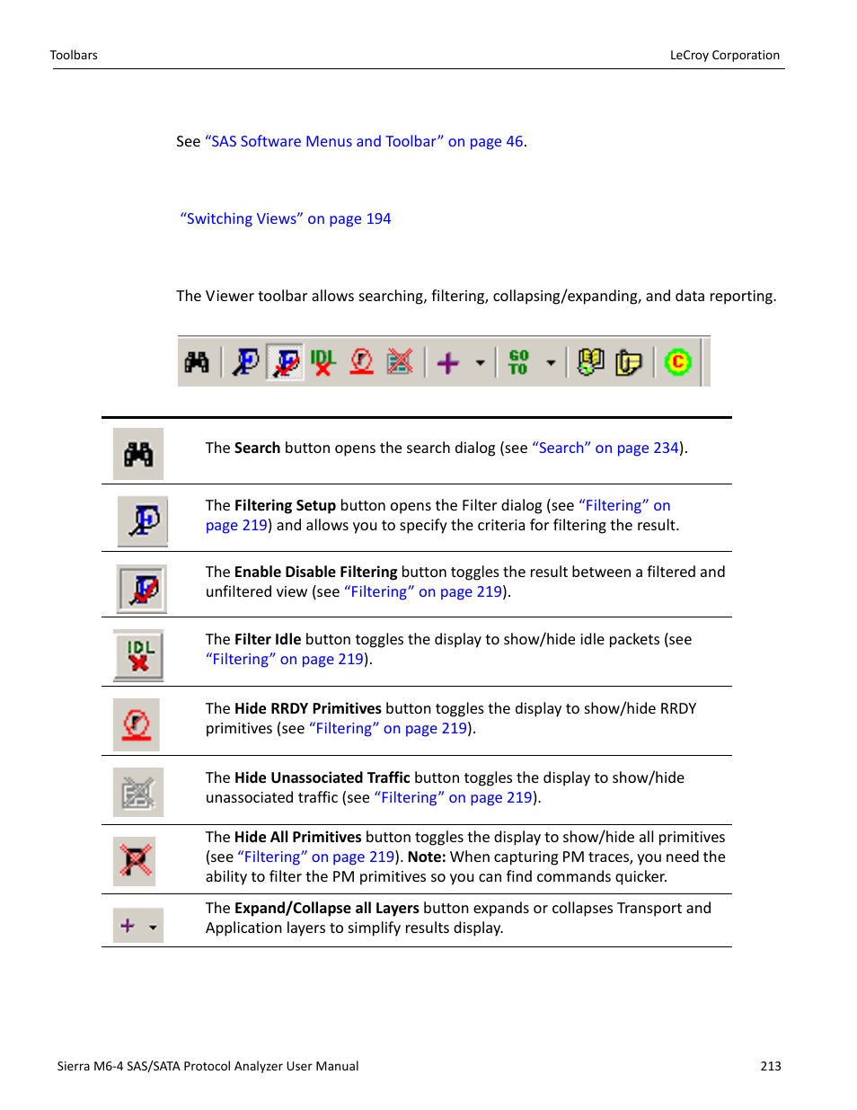Main toolbar, View type toolbar, Viewer toolbar | Teledyne LeCroy STX M6-1 SAS_SATA Protocol Analyzer User Manual User Manual | Page 215 / 468