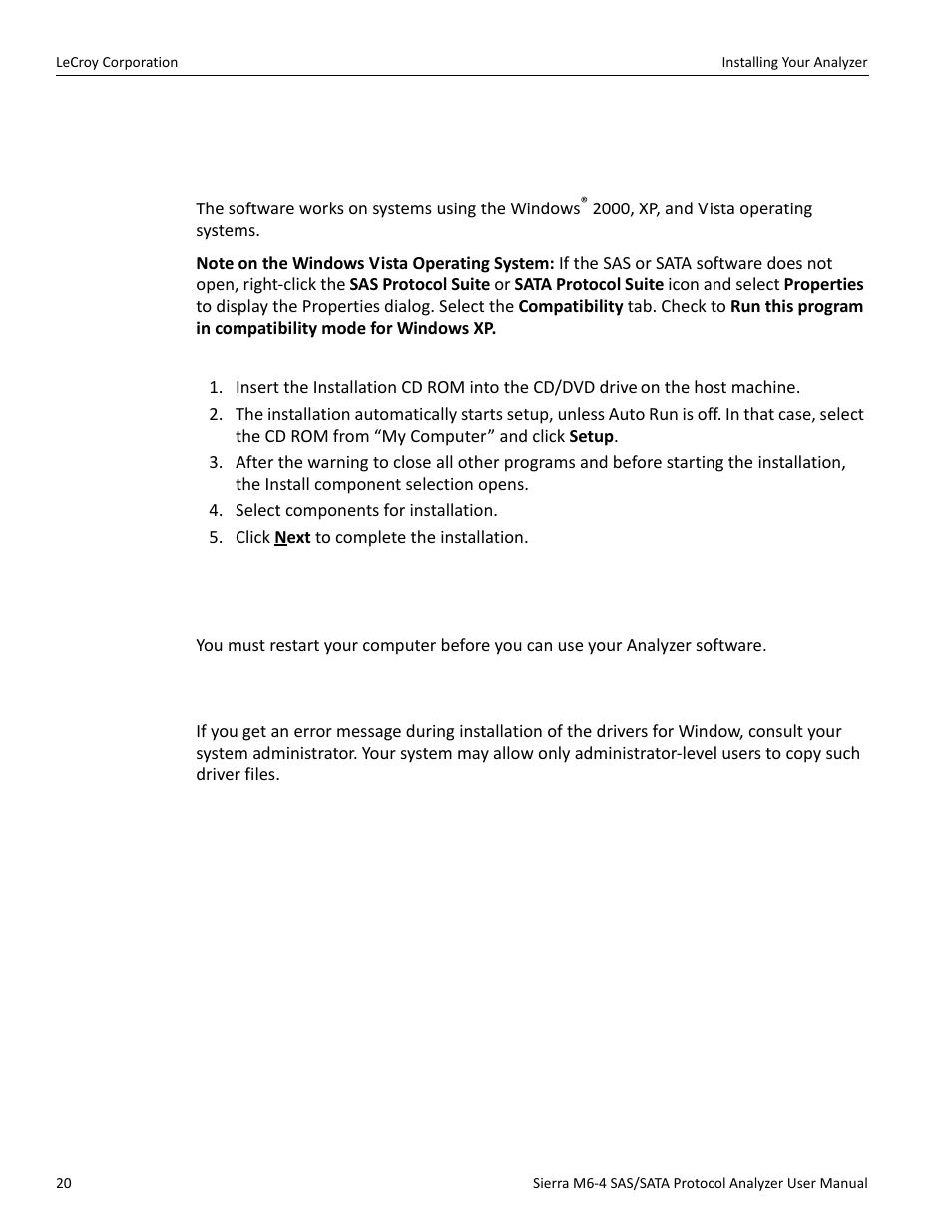 Installing your analyzer, Software installation, System restart | Error message, Installing your analyzer software installation | Teledyne LeCroy STX M6-1 SAS_SATA Protocol Analyzer User Manual User Manual | Page 22 / 468