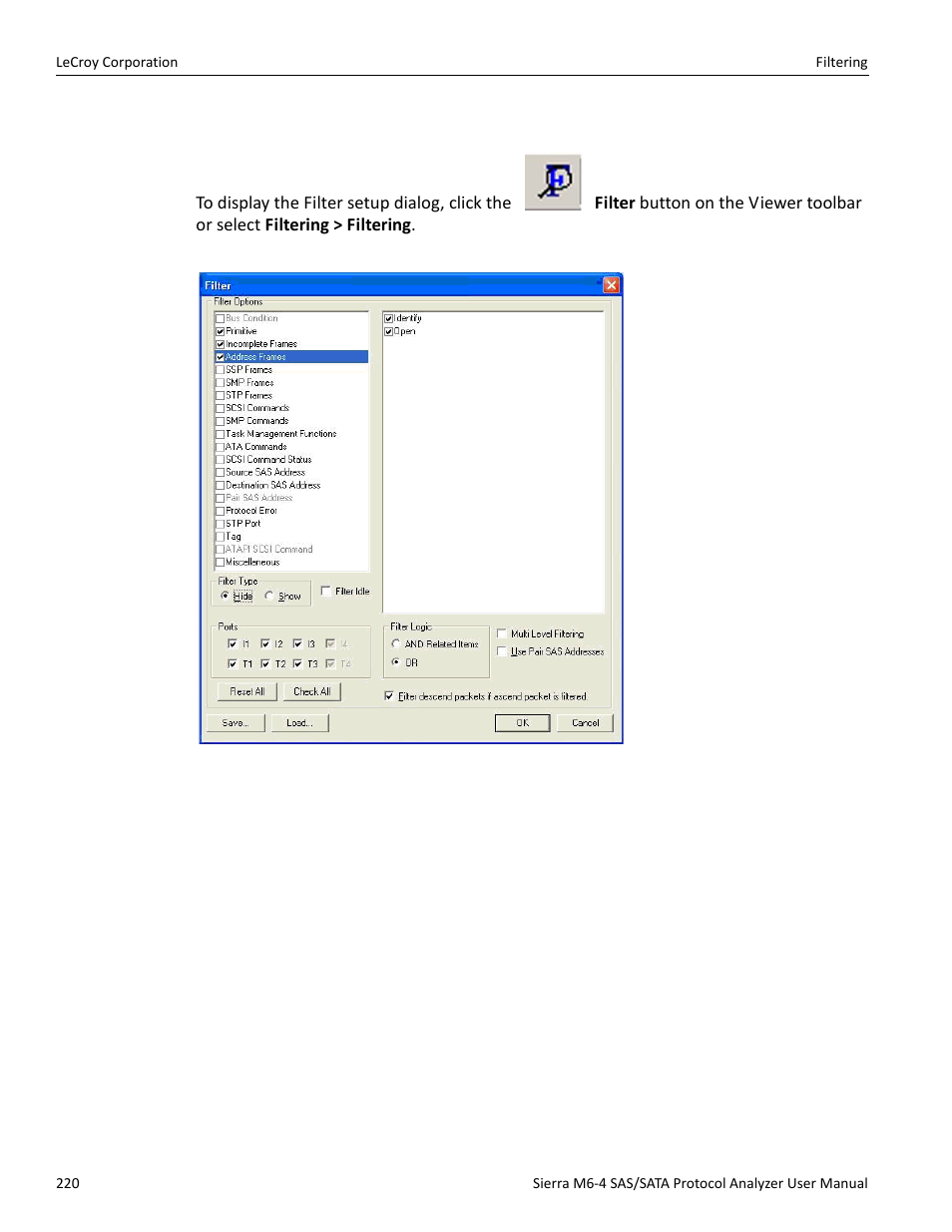 Filter setup | Teledyne LeCroy STX M6-1 SAS_SATA Protocol Analyzer User Manual User Manual | Page 222 / 468