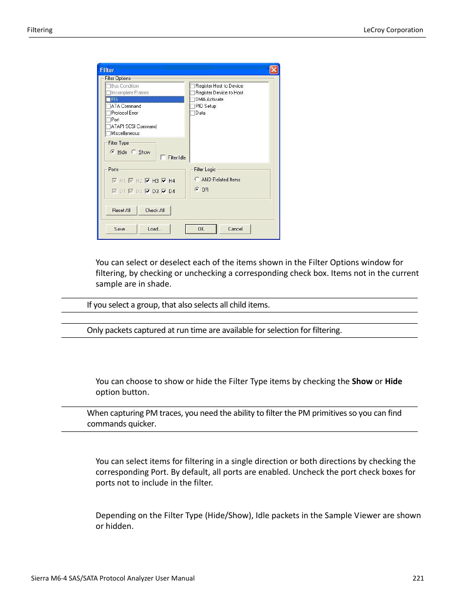 Filter type, Filtering direction, Filter idle | Teledyne LeCroy STX M6-1 SAS_SATA Protocol Analyzer User Manual User Manual | Page 223 / 468