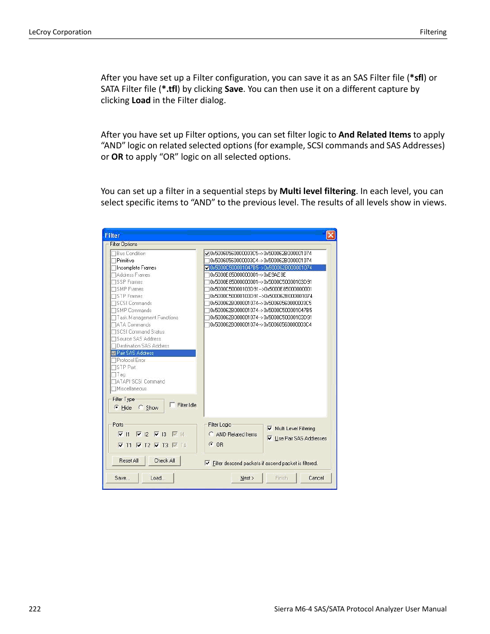 Save filter setup, Filter logic, Multilevel filtering in sas | Teledyne LeCroy STX M6-1 SAS_SATA Protocol Analyzer User Manual User Manual | Page 224 / 468