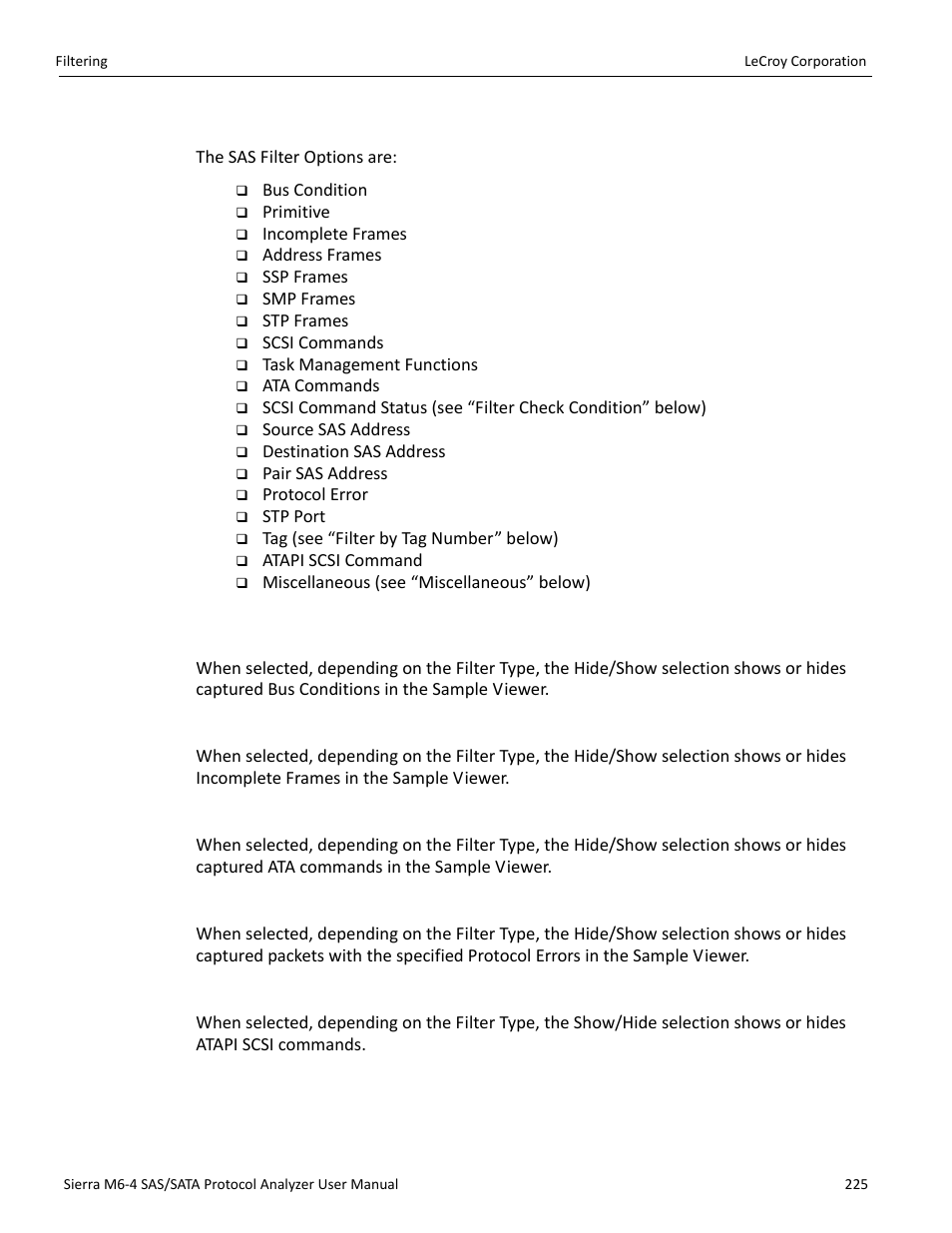 Selectable filter options for sas, Bus condition, Incomplete frames | Ata command, Protocol error, Atapi scsi command | Teledyne LeCroy STX M6-1 SAS_SATA Protocol Analyzer User Manual User Manual | Page 227 / 468