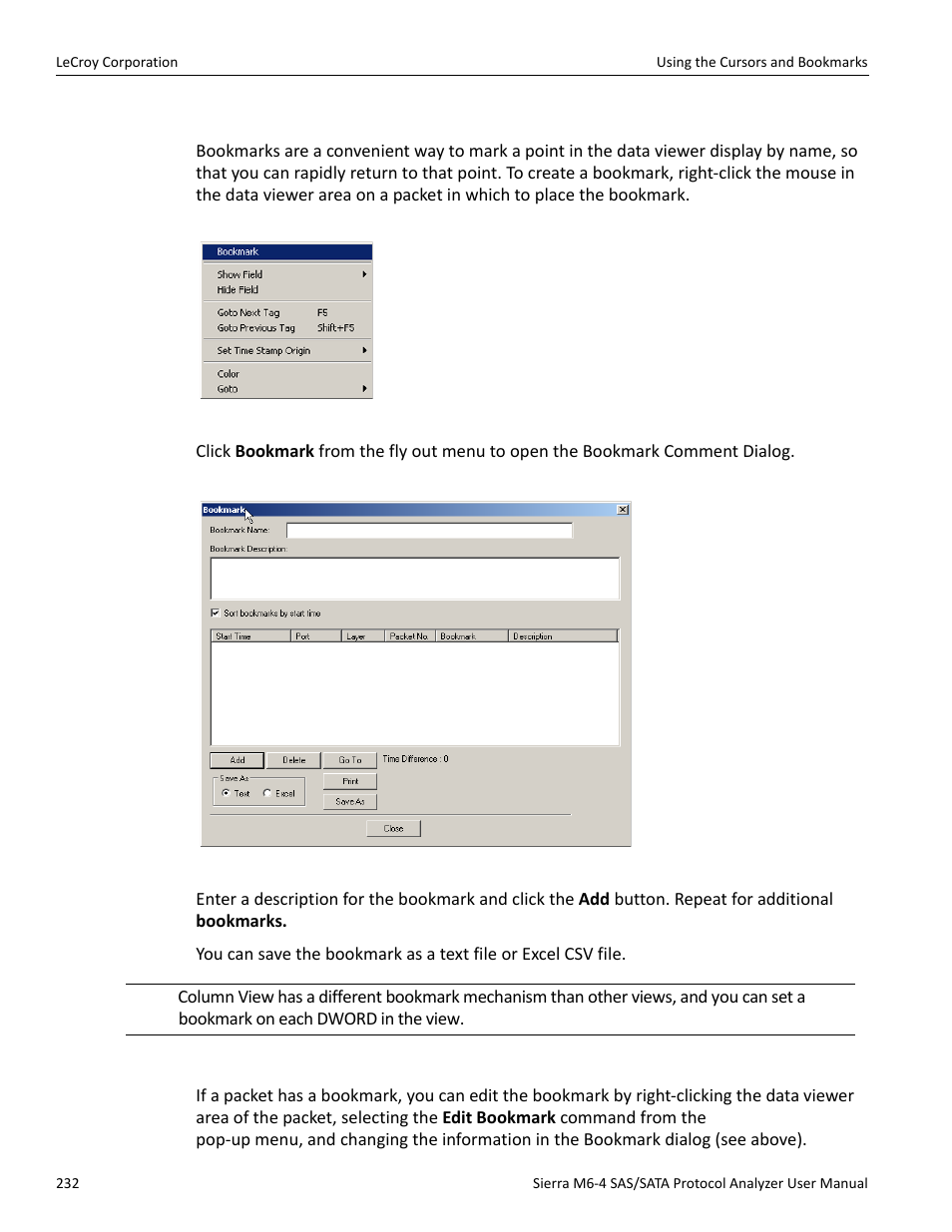 Bookmarks, Editing a bookmark | Teledyne LeCroy STX M6-1 SAS_SATA Protocol Analyzer User Manual User Manual | Page 234 / 468