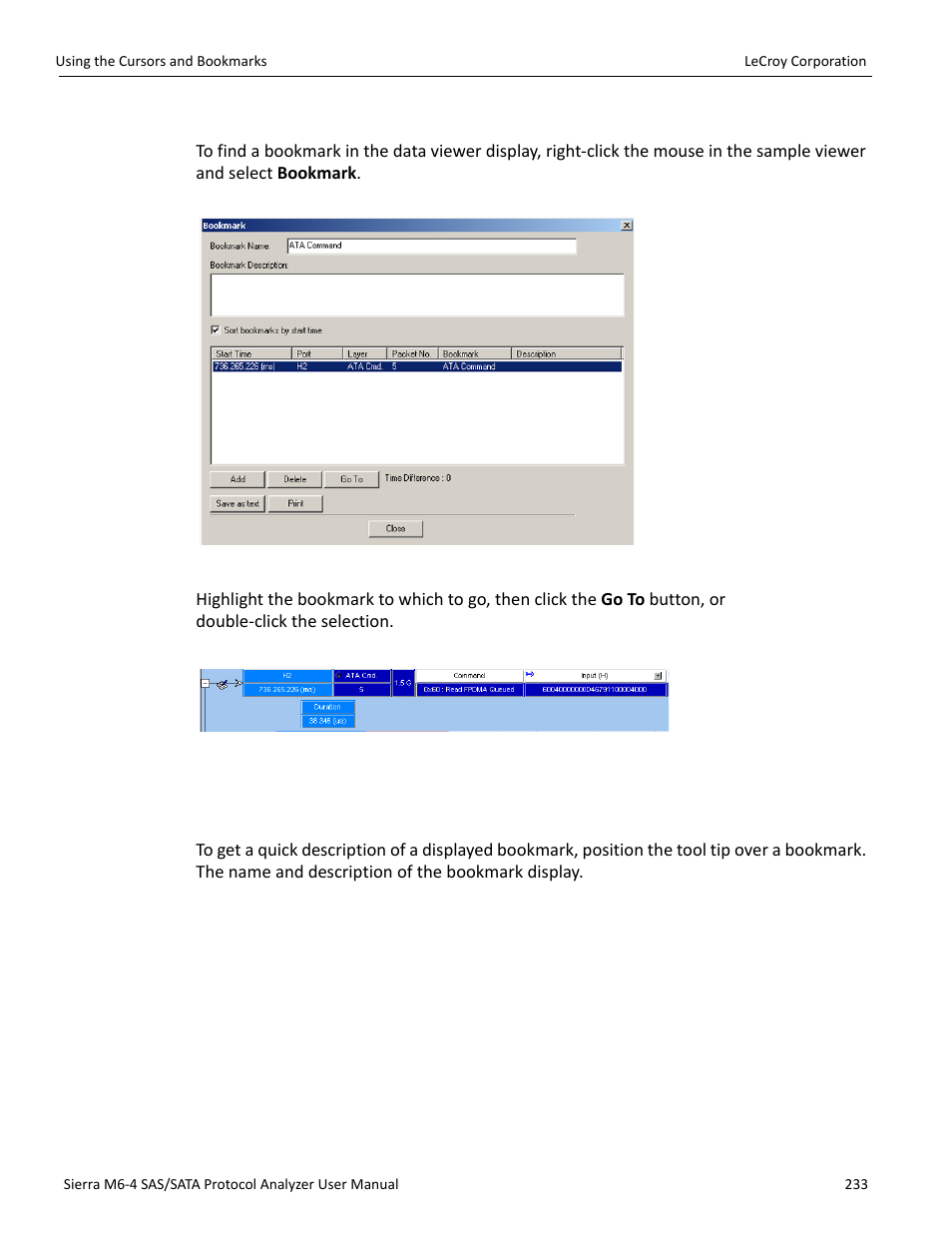 Finding a bookmark, Bookmark description | Teledyne LeCroy STX M6-1 SAS_SATA Protocol Analyzer User Manual User Manual | Page 235 / 468