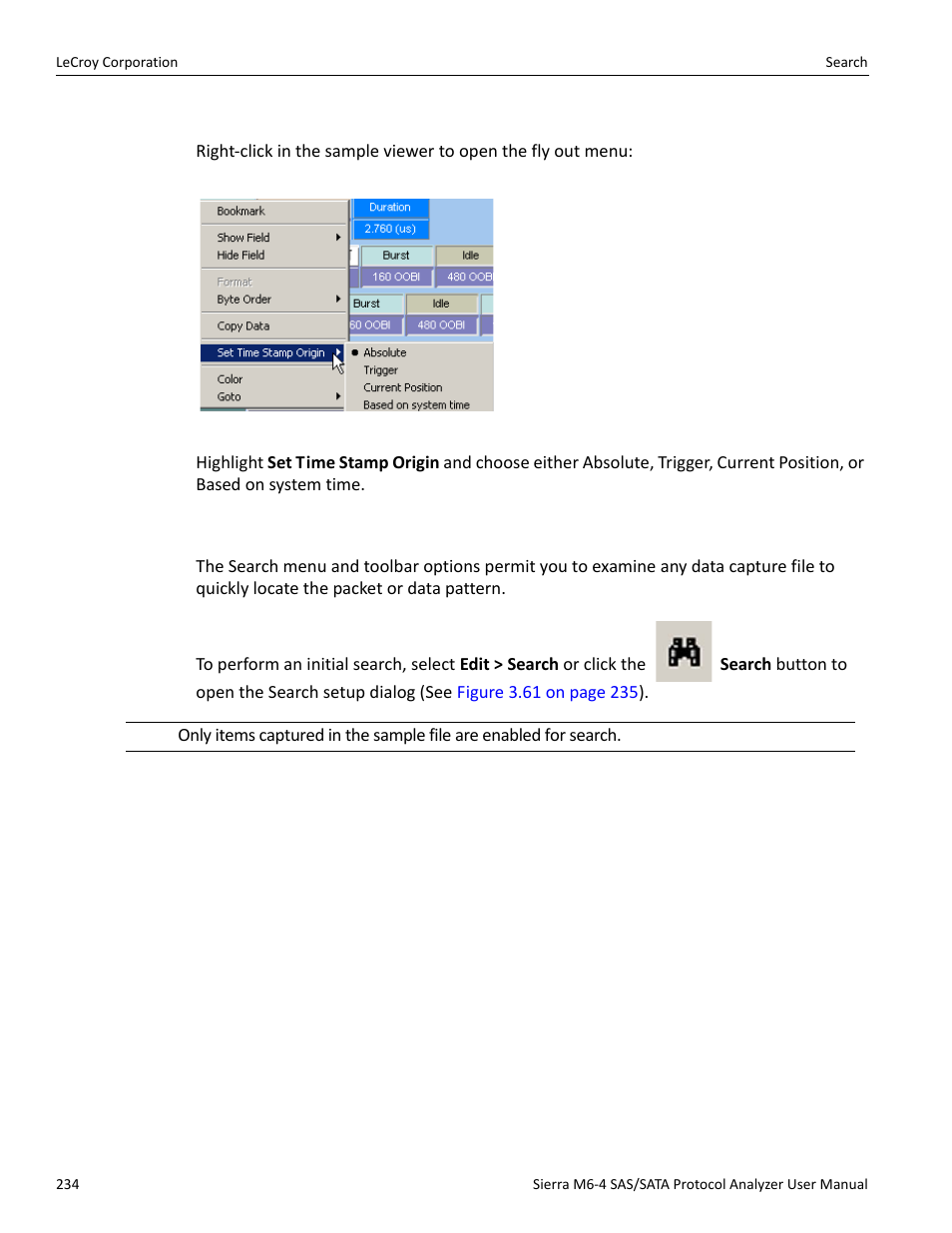 Set time stamp origin, Search, Ch dialog (see | Teledyne LeCroy STX M6-1 SAS_SATA Protocol Analyzer User Manual User Manual | Page 236 / 468