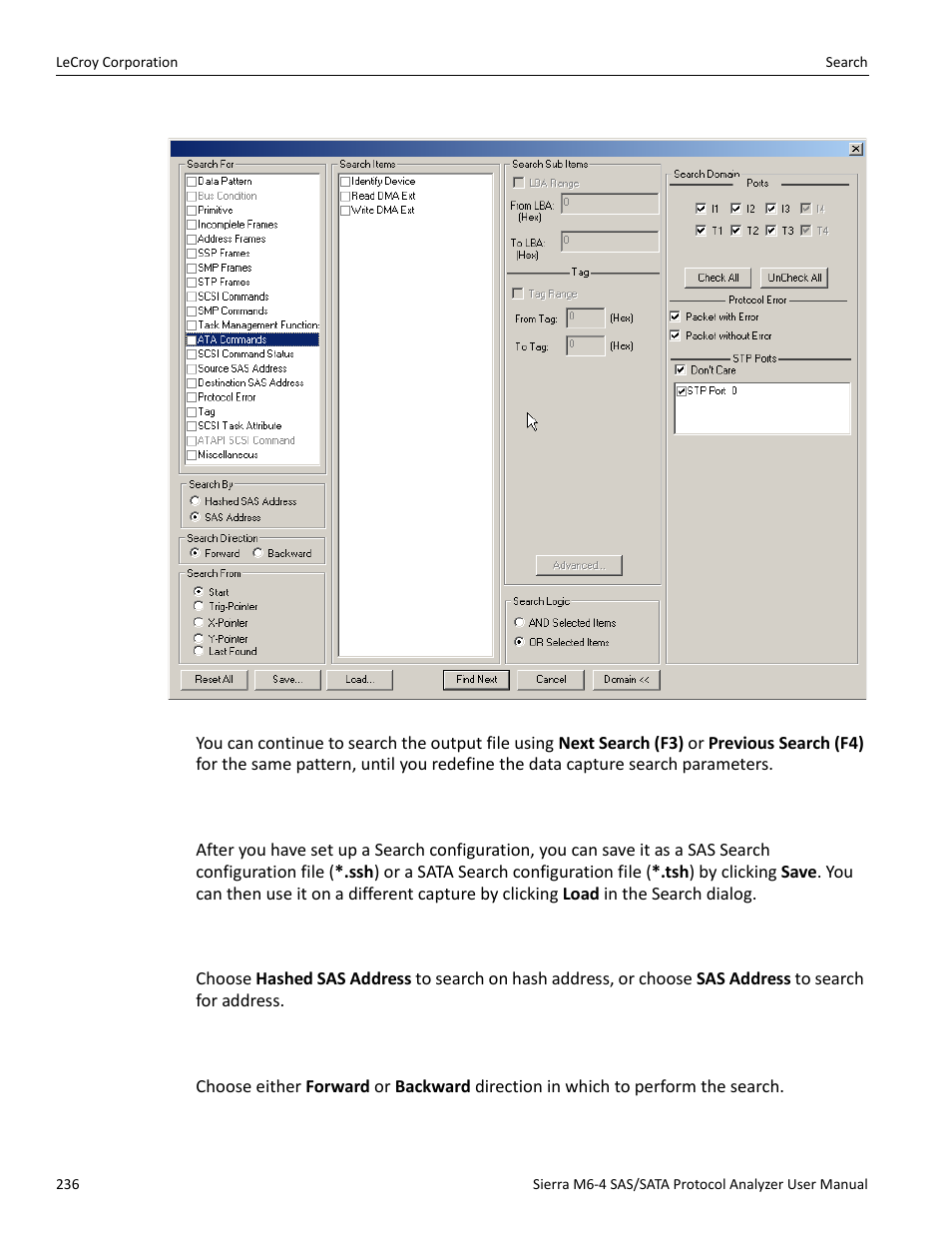 Save search setup, Search by, Search direction | Teledyne LeCroy STX M6-1 SAS_SATA Protocol Analyzer User Manual User Manual | Page 238 / 468