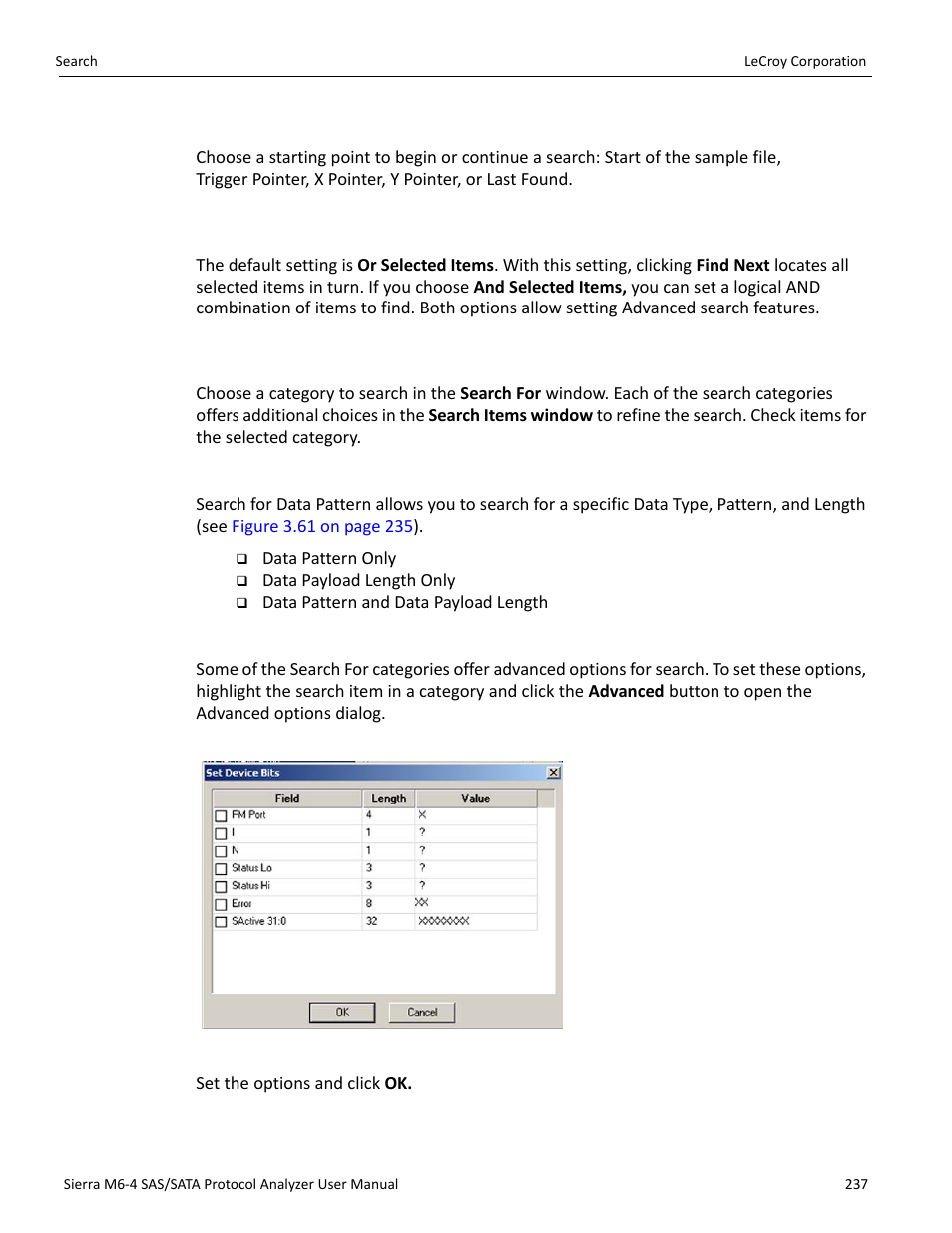 Search from, Search logic, Search for | Data pattern, Advanced options | Teledyne LeCroy STX M6-1 SAS_SATA Protocol Analyzer User Manual User Manual | Page 239 / 468