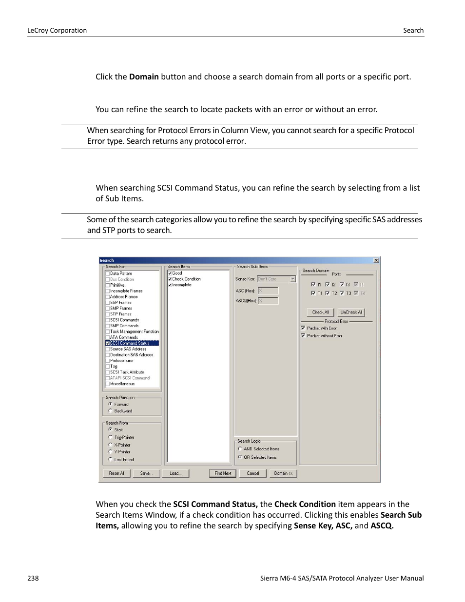 Search domain, Protocol error, Search sub items | Teledyne LeCroy STX M6-1 SAS_SATA Protocol Analyzer User Manual User Manual | Page 240 / 468