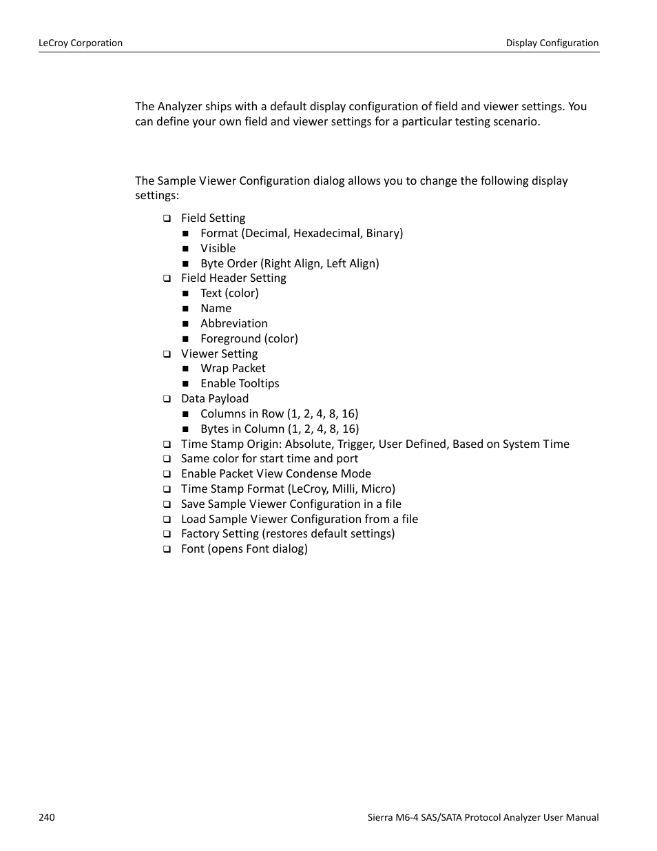 Display configuration, Sample viewer configuration, Display configuration” on | Teledyne LeCroy STX M6-1 SAS_SATA Protocol Analyzer User Manual User Manual | Page 242 / 468