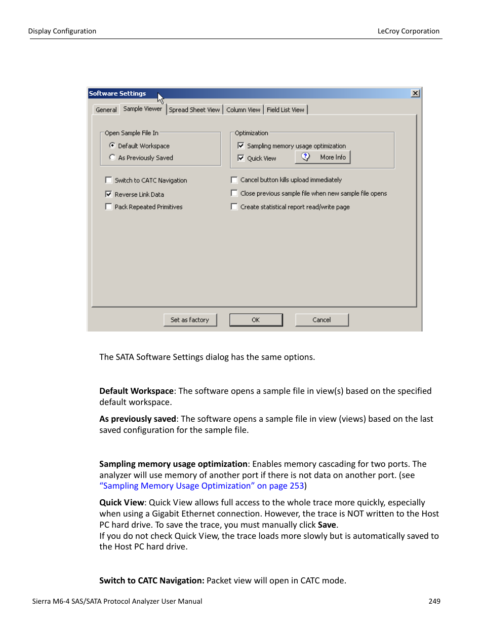 Sample viewer tab, Open sample file in, Optimization | Teledyne LeCroy STX M6-1 SAS_SATA Protocol Analyzer User Manual User Manual | Page 251 / 468
