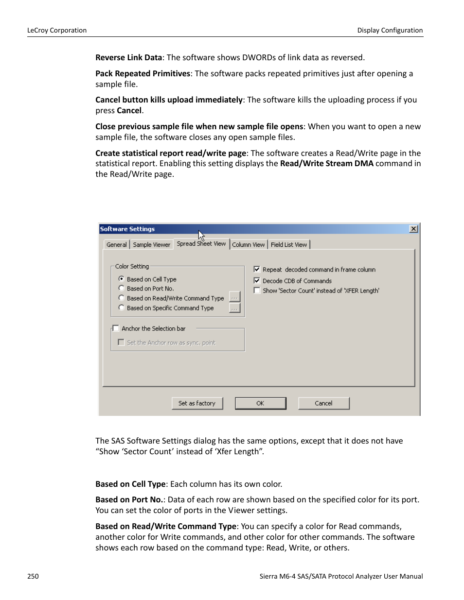Spread sheet view tab, Color setting | Teledyne LeCroy STX M6-1 SAS_SATA Protocol Analyzer User Manual User Manual | Page 252 / 468