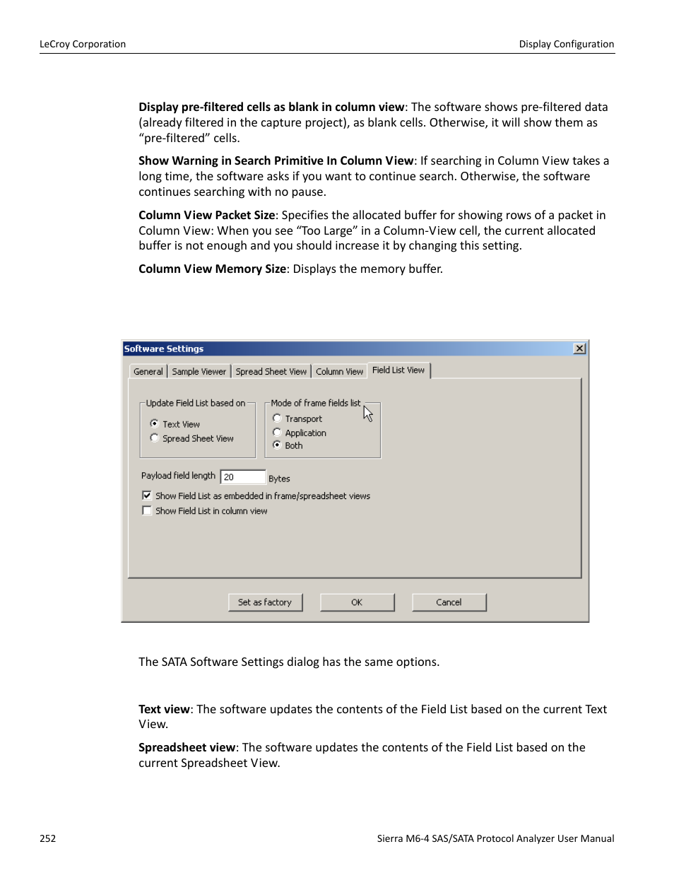 Other, Field list view tab, Update field list based on | Teledyne LeCroy STX M6-1 SAS_SATA Protocol Analyzer User Manual User Manual | Page 254 / 468