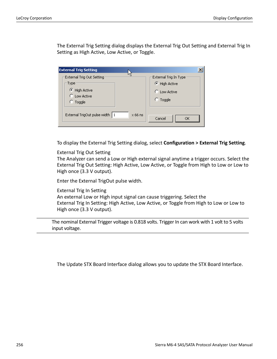 External trig setting, Update stx board interface | Teledyne LeCroy STX M6-1 SAS_SATA Protocol Analyzer User Manual User Manual | Page 258 / 468
