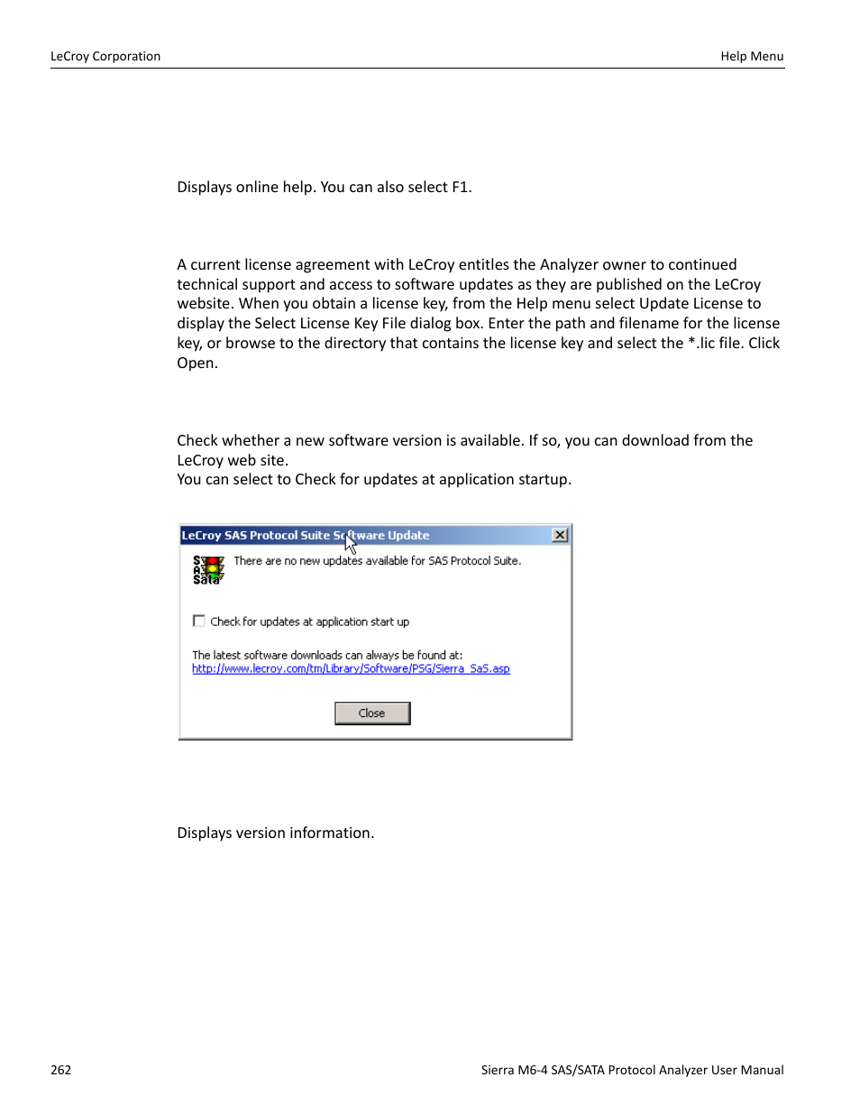 Help menu, Help topics, Update license | Check for updates, About | Teledyne LeCroy STX M6-1 SAS_SATA Protocol Analyzer User Manual User Manual | Page 264 / 468
