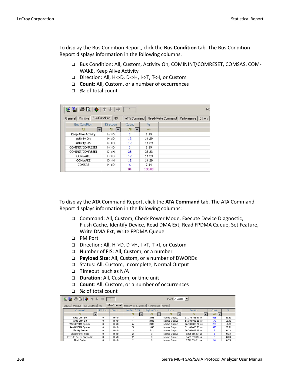 Bus condition report, Ata command report | Teledyne LeCroy STX M6-1 SAS_SATA Protocol Analyzer User Manual User Manual | Page 270 / 468