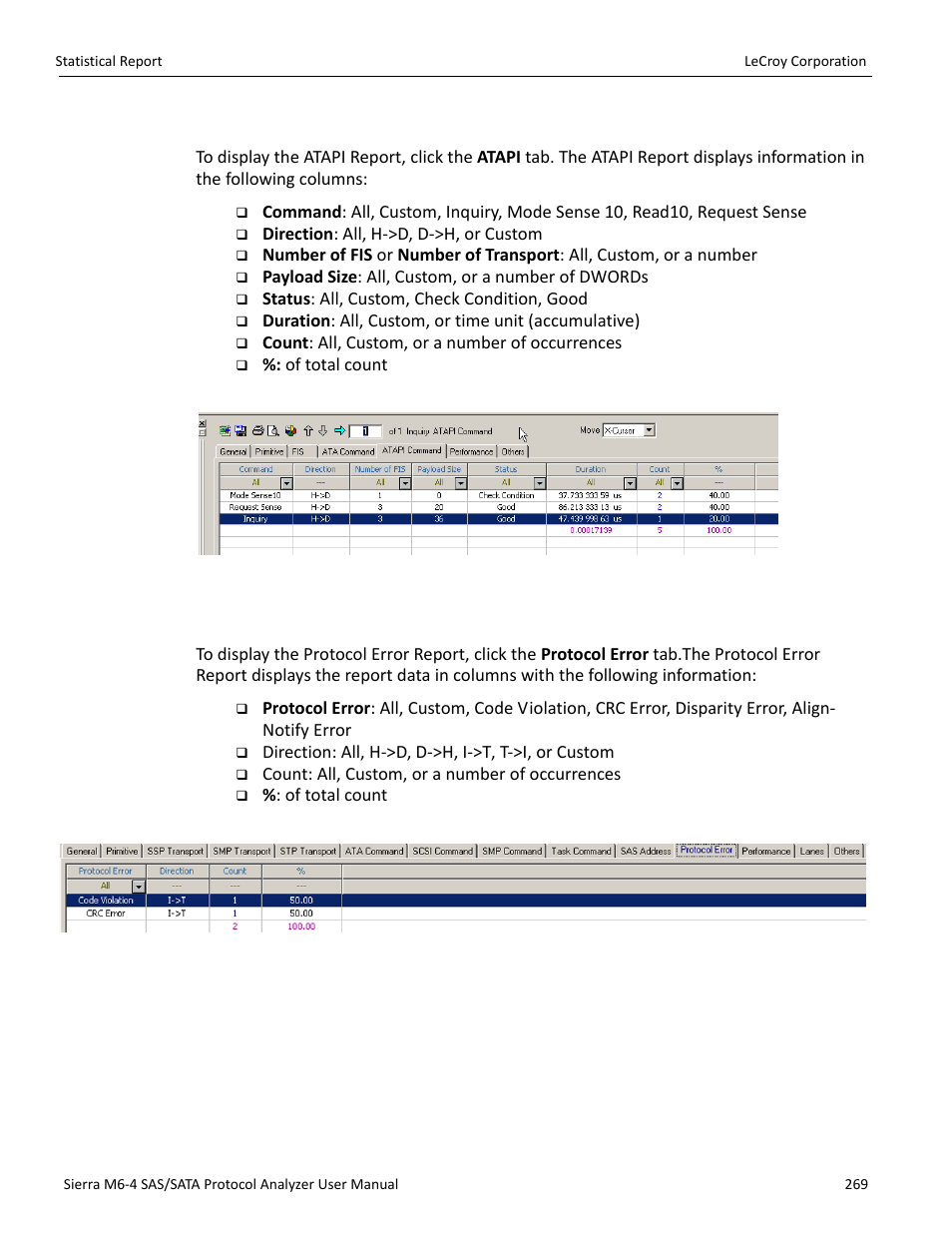 Atapi report, Protocol error report | Teledyne LeCroy STX M6-1 SAS_SATA Protocol Analyzer User Manual User Manual | Page 271 / 468
