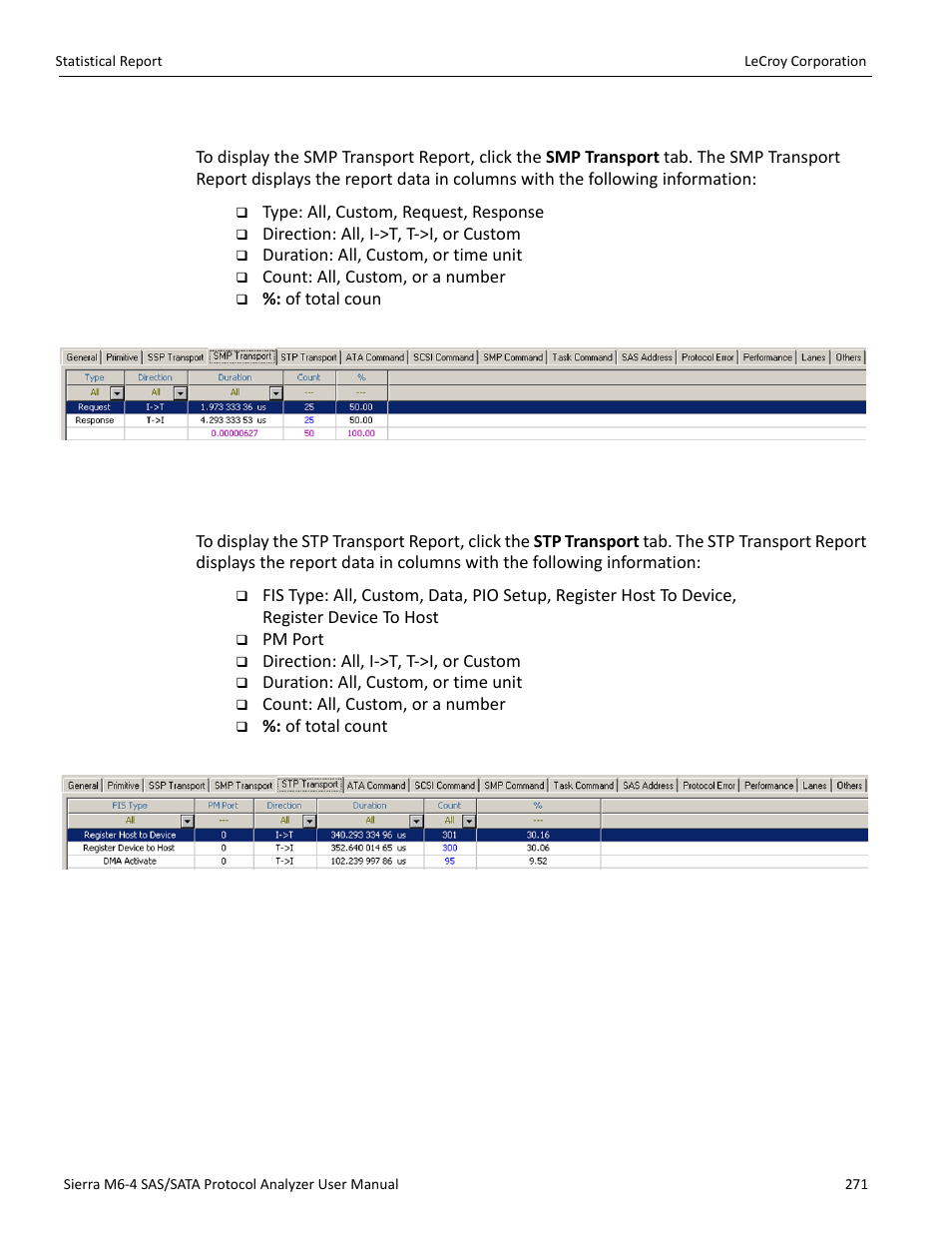 Smp transport report (sas), Stp transport report (sas) | Teledyne LeCroy STX M6-1 SAS_SATA Protocol Analyzer User Manual User Manual | Page 273 / 468
