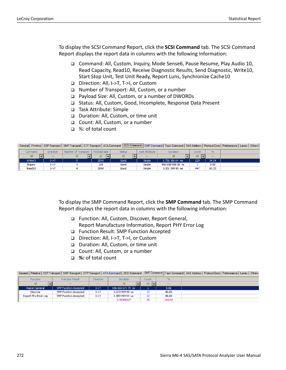 Scsi command report (sas), Smp command report (sas) | Teledyne LeCroy STX M6-1 SAS_SATA Protocol Analyzer User Manual User Manual | Page 274 / 468
