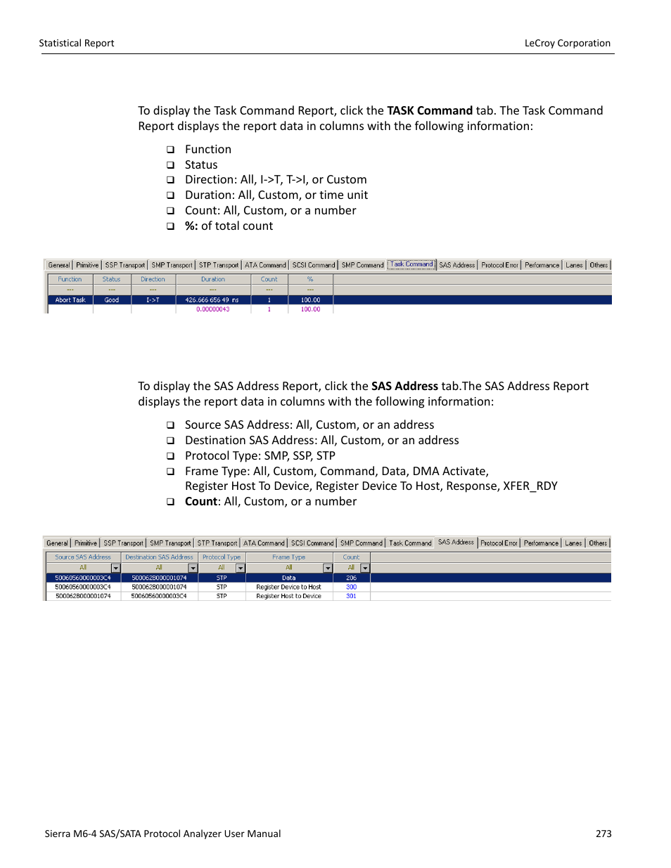 Task command report (sas), Sas address report (sas) | Teledyne LeCroy STX M6-1 SAS_SATA Protocol Analyzer User Manual User Manual | Page 275 / 468