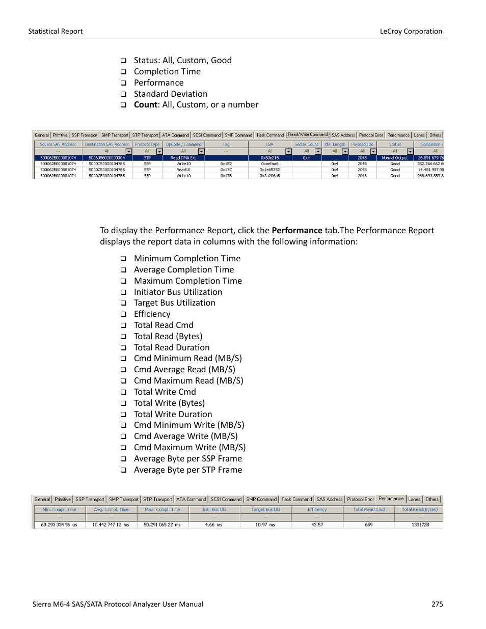 Performance report (sas) | Teledyne LeCroy STX M6-1 SAS_SATA Protocol Analyzer User Manual User Manual | Page 277 / 468