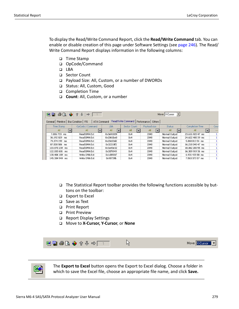 Read write command report (sata), Statistical report toolbar, Export as microsoft® excel file | Teledyne LeCroy STX M6-1 SAS_SATA Protocol Analyzer User Manual User Manual | Page 281 / 468