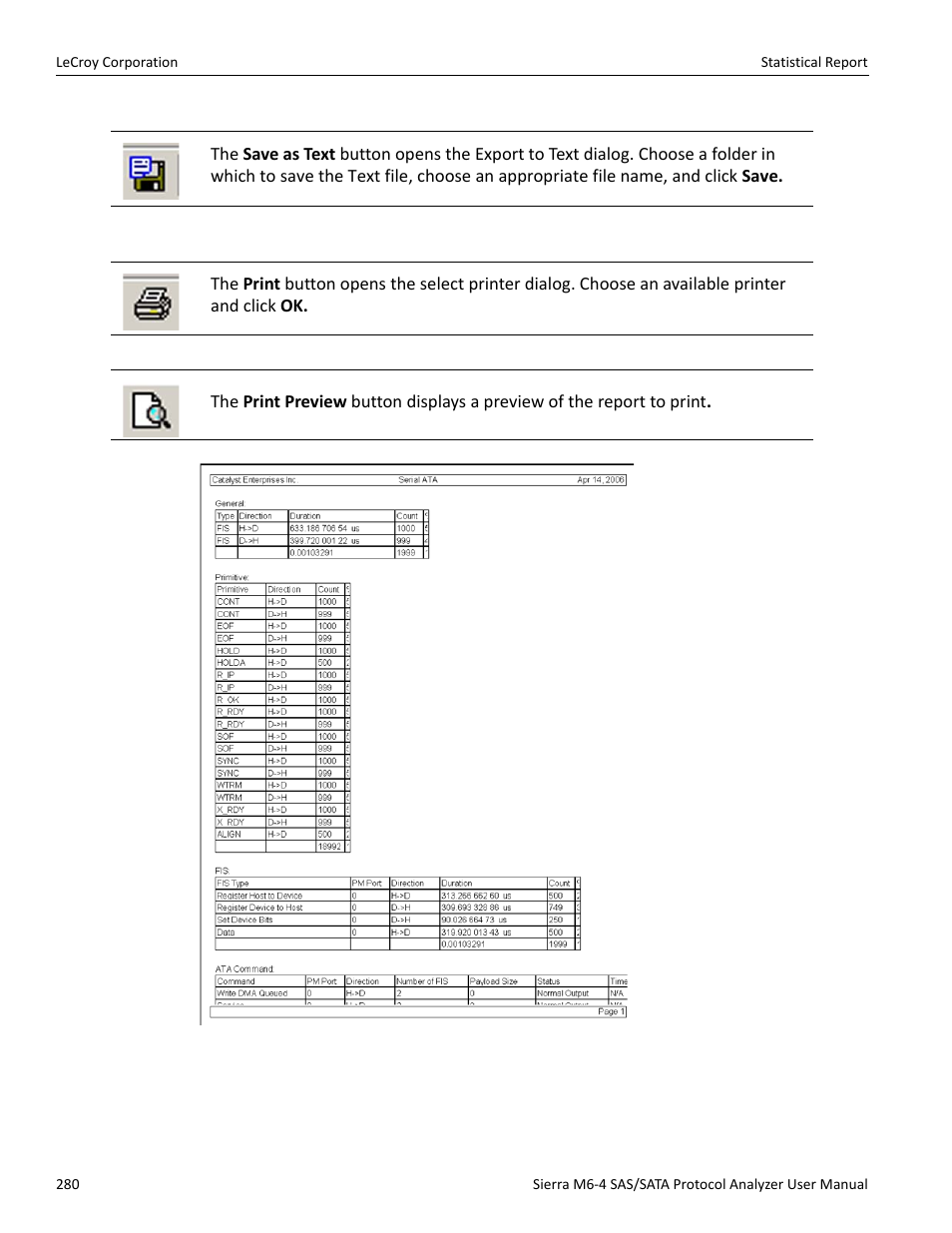 Save as text file, Print statistical report, Print preview | Teledyne LeCroy STX M6-1 SAS_SATA Protocol Analyzer User Manual User Manual | Page 282 / 468