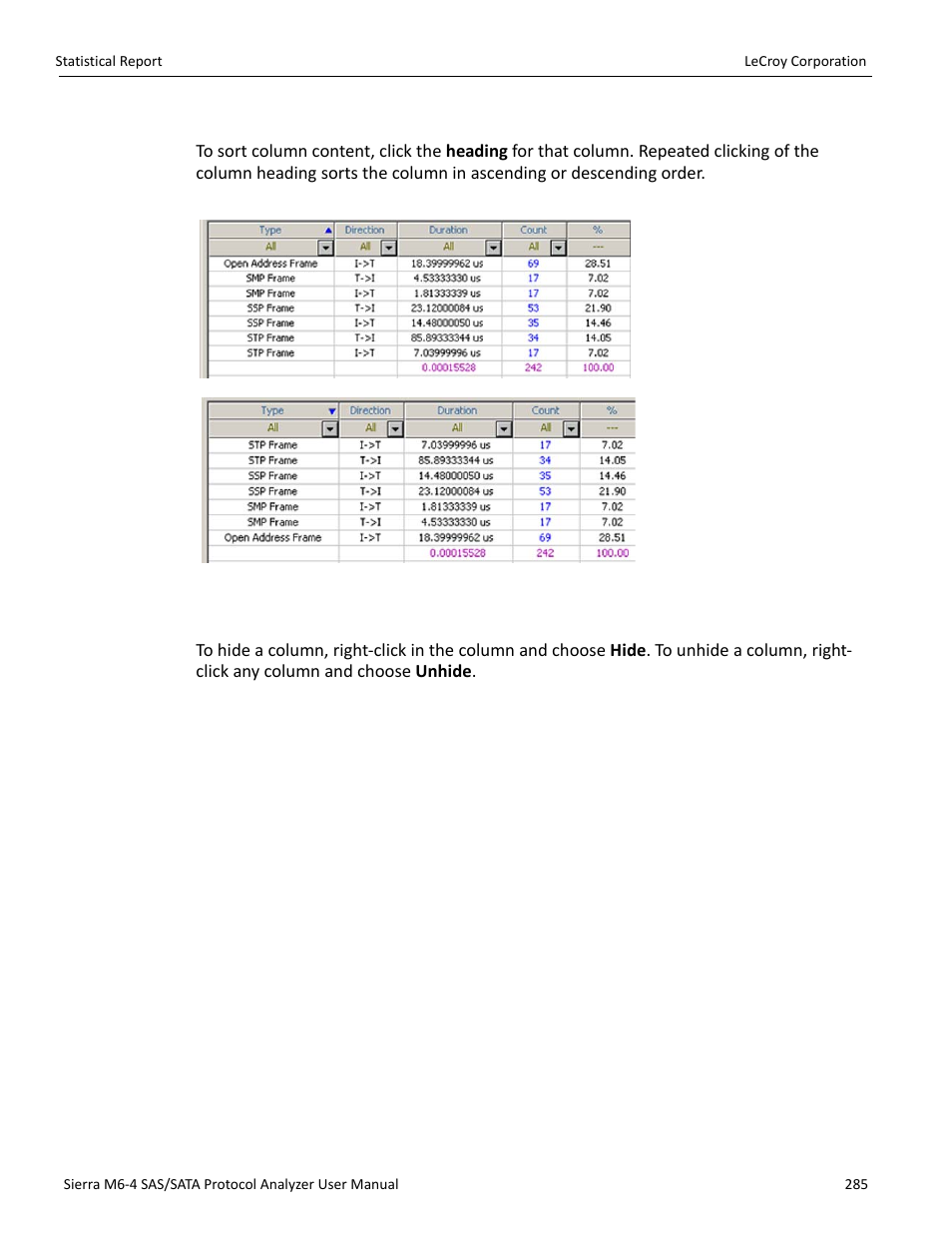 Sorting column content, Hiding columns | Teledyne LeCroy STX M6-1 SAS_SATA Protocol Analyzer User Manual User Manual | Page 287 / 468