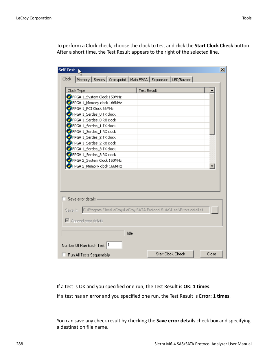 Clock check, Test result: ok or error, Saving | Teledyne LeCroy STX M6-1 SAS_SATA Protocol Analyzer User Manual User Manual | Page 290 / 468