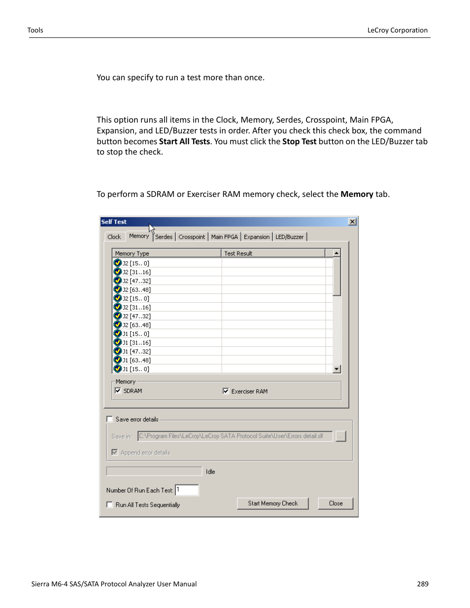 Number of runs each test, Run all tests sequentially, Memory check | Teledyne LeCroy STX M6-1 SAS_SATA Protocol Analyzer User Manual User Manual | Page 291 / 468