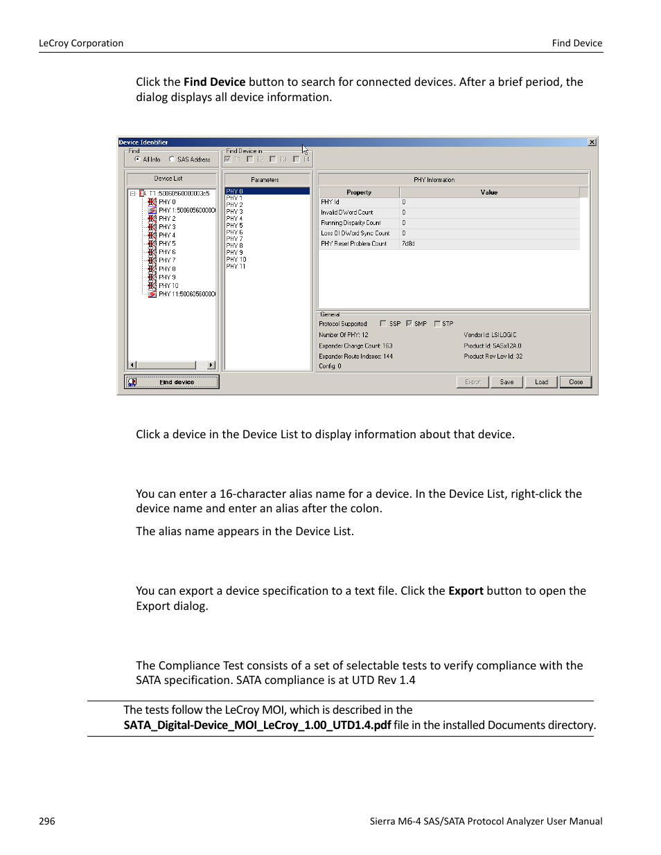 Aliasing, Exporting, Compliance test (sata only) | Teledyne LeCroy STX M6-1 SAS_SATA Protocol Analyzer User Manual User Manual | Page 298 / 468