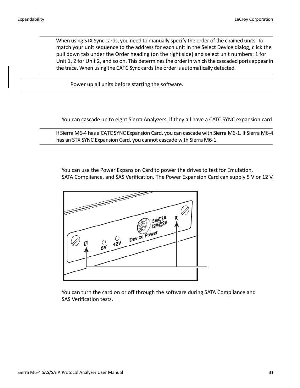 Cascading with catc sync expansion cards, Using the power expansion card | Teledyne LeCroy STX M6-1 SAS_SATA Protocol Analyzer User Manual User Manual | Page 33 / 468