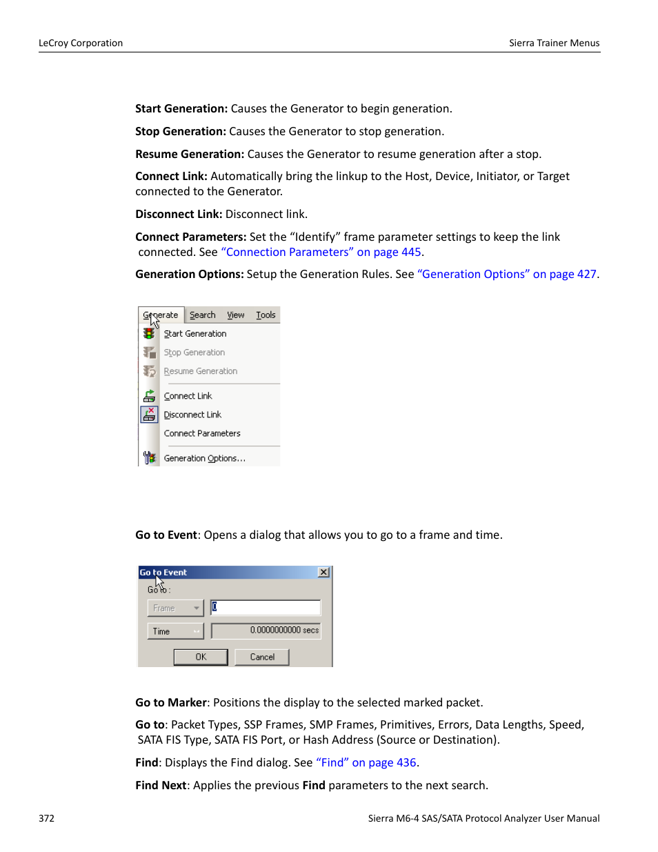 Generate menu, Search menu | Teledyne LeCroy STX M6-1 SAS_SATA Protocol Analyzer User Manual User Manual | Page 374 / 468
