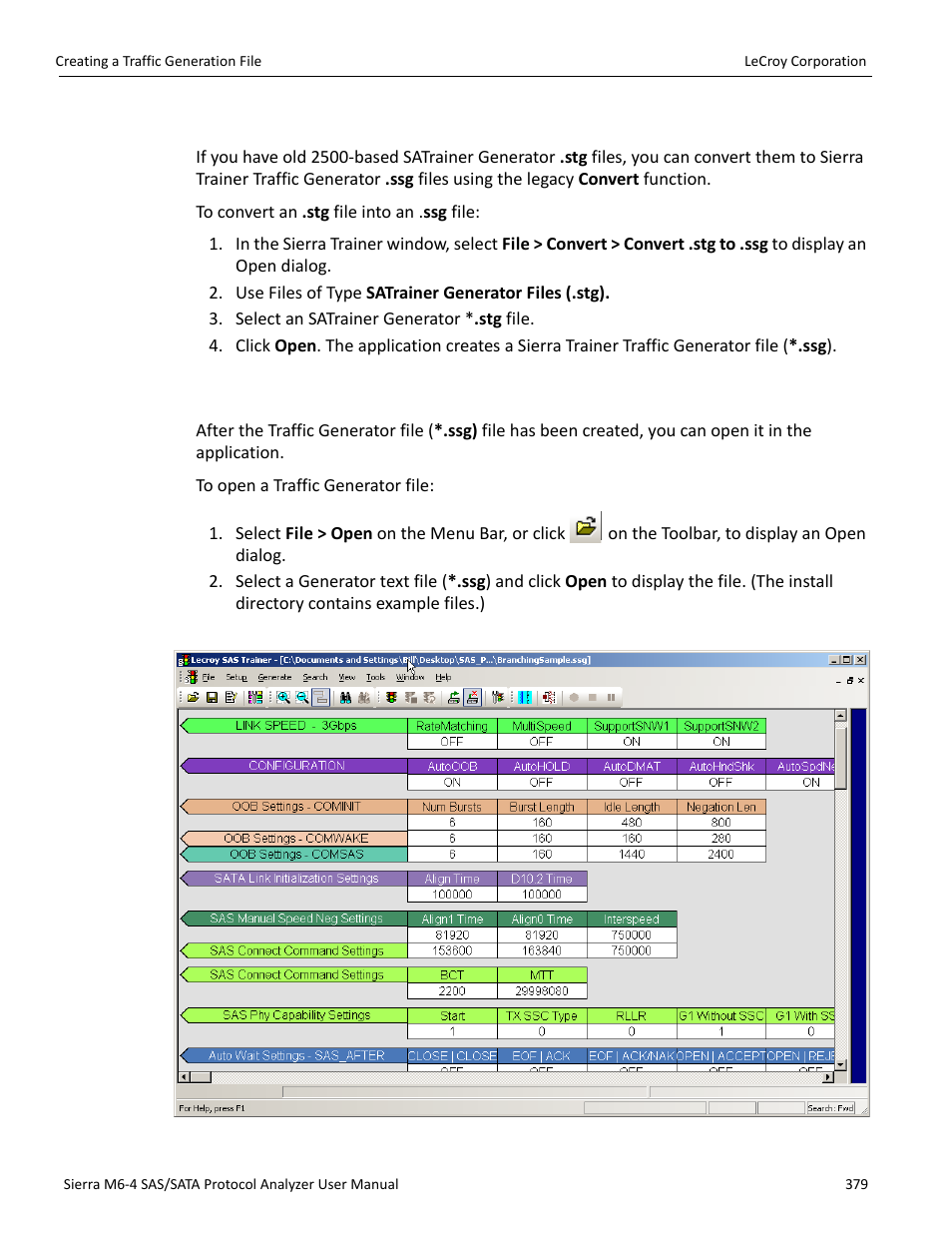 Converting an satrainer traffic generation file, Opening a traffic generation file | Teledyne LeCroy STX M6-1 SAS_SATA Protocol Analyzer User Manual User Manual | Page 381 / 468