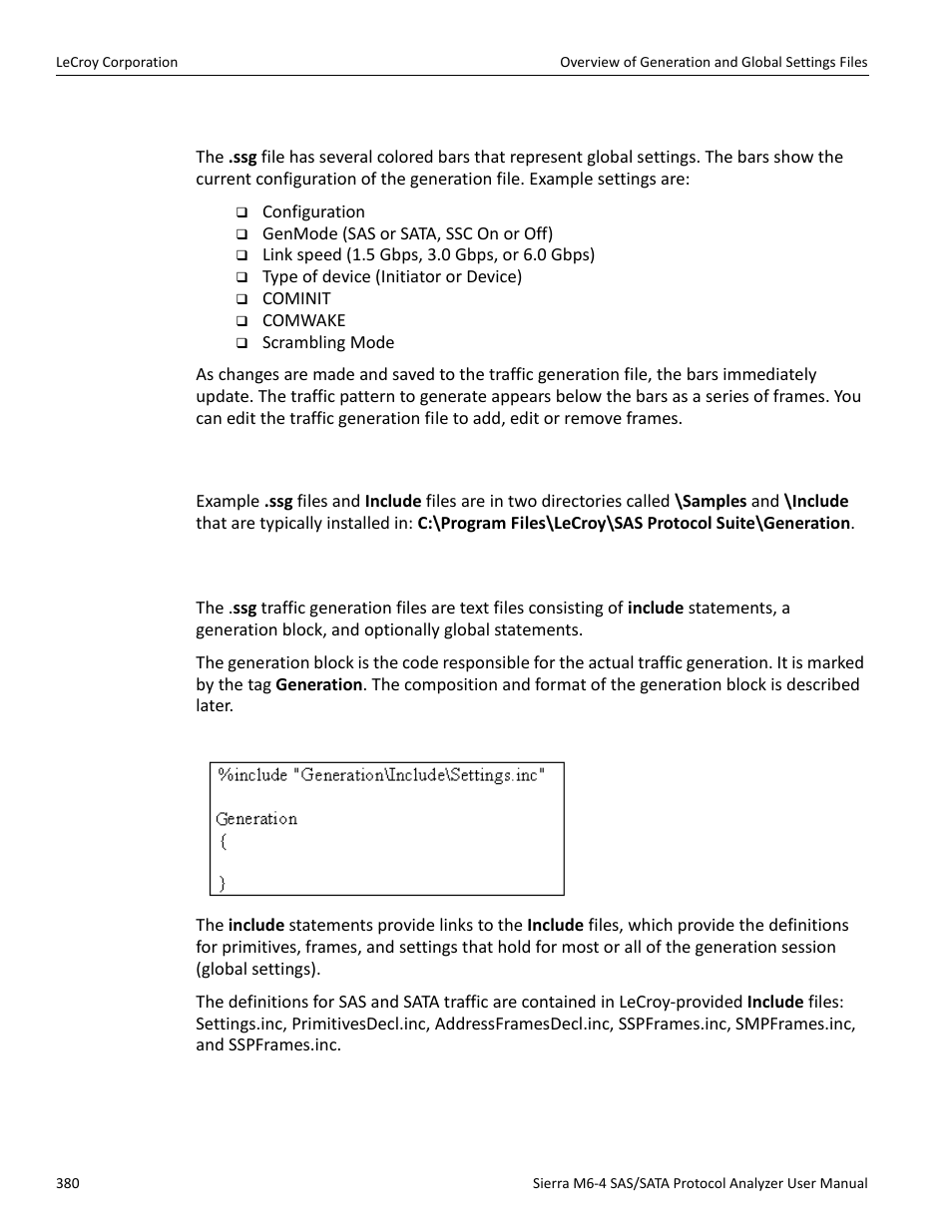 Layout, Overview of generation and global settings files, Traffic generation (*.ssg) files | Teledyne LeCroy STX M6-1 SAS_SATA Protocol Analyzer User Manual User Manual | Page 382 / 468