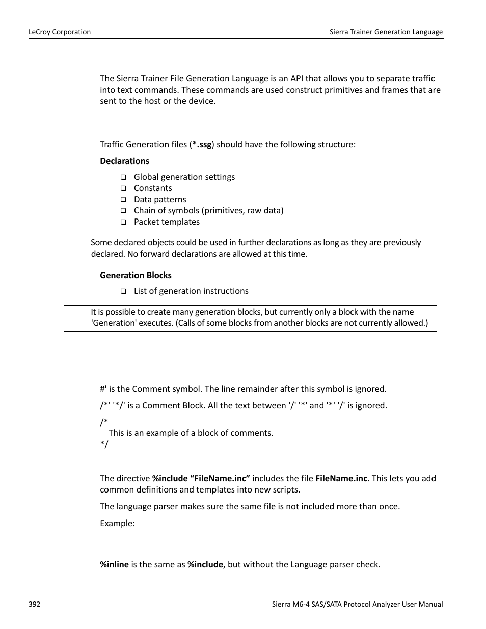 Sierra trainer generation language, File structure, Language | Comments, Includes | Teledyne LeCroy STX M6-1 SAS_SATA Protocol Analyzer User Manual User Manual | Page 394 / 468