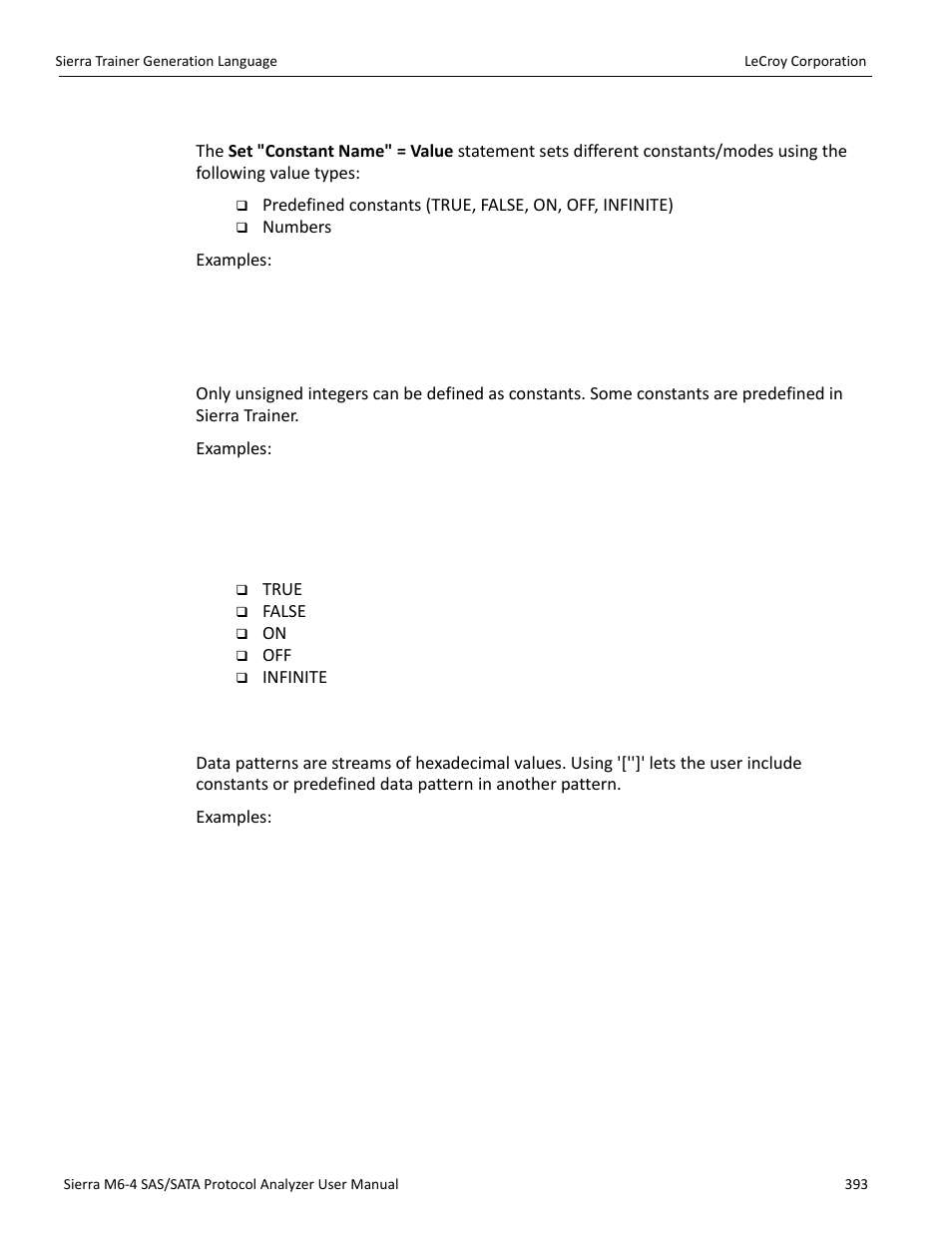 Settings, Constants, Predefined constants | Data patterns | Teledyne LeCroy STX M6-1 SAS_SATA Protocol Analyzer User Manual User Manual | Page 395 / 468