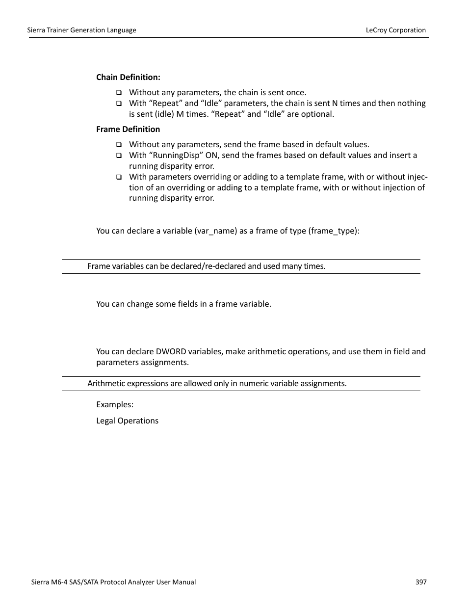 Definitions, Field variable declarations, Changing frame fields | Preprocessor integer arithmetic | Teledyne LeCroy STX M6-1 SAS_SATA Protocol Analyzer User Manual User Manual | Page 399 / 468