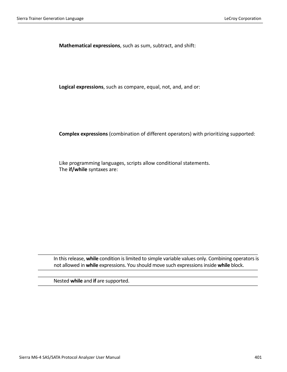 Expression on variables, If/while in logical expressions | Teledyne LeCroy STX M6-1 SAS_SATA Protocol Analyzer User Manual User Manual | Page 403 / 468