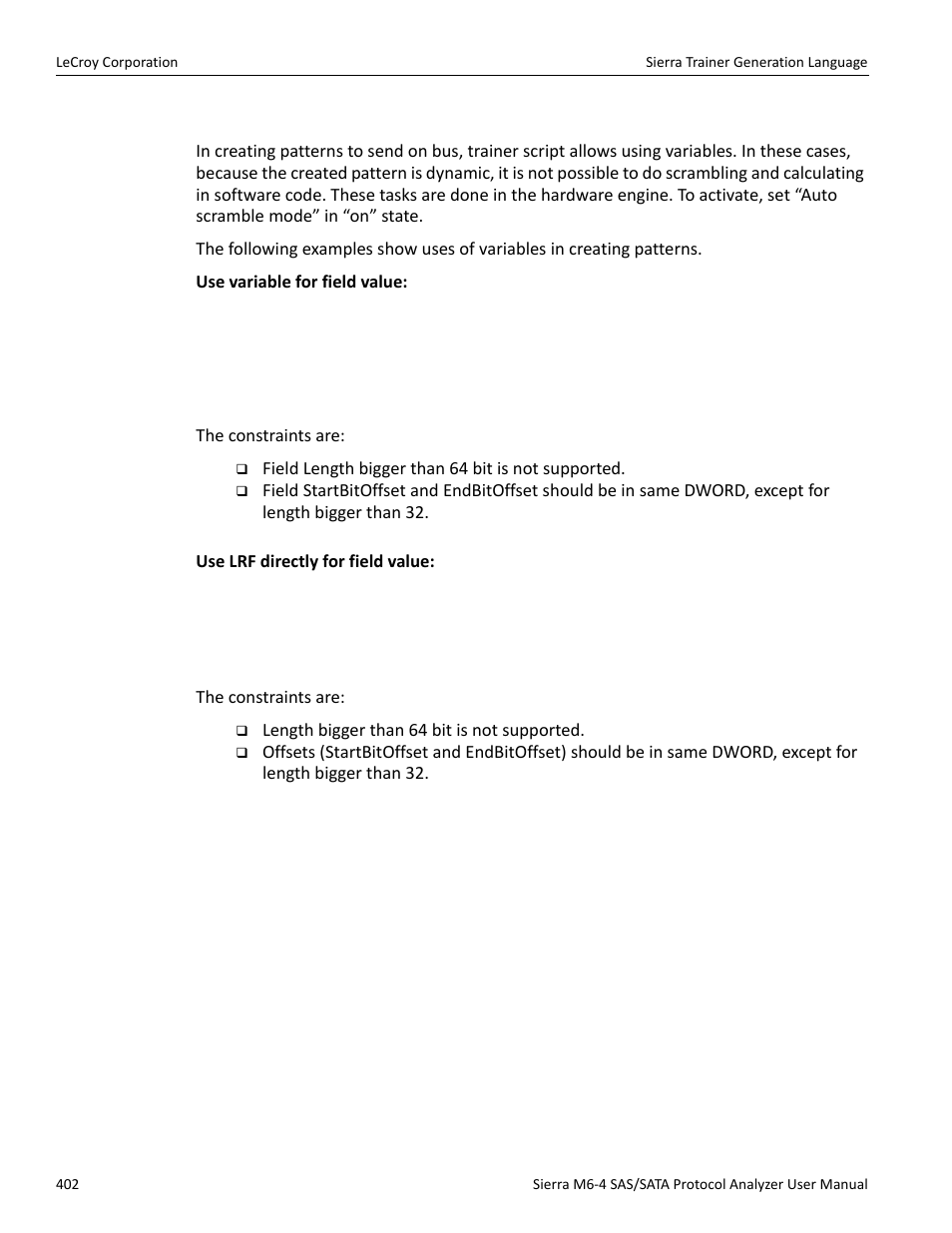 Using variable values in creating patterns on bus | Teledyne LeCroy STX M6-1 SAS_SATA Protocol Analyzer User Manual User Manual | Page 404 / 468