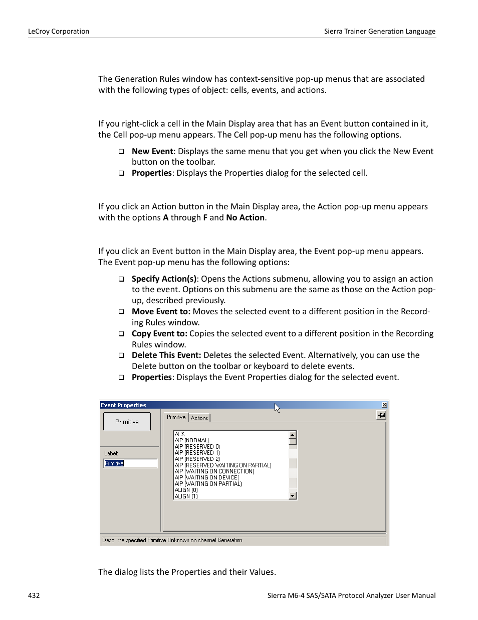 Generation rules pop-up menus, Cell pop-up menu, Action pop-up menu | Event pop-up menu | Teledyne LeCroy STX M6-1 SAS_SATA Protocol Analyzer User Manual User Manual | Page 434 / 468