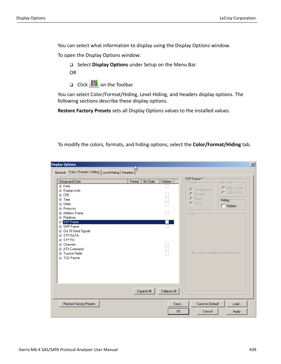 Display options, Color/format/hiding display options, Display. see | Display options” on | Teledyne LeCroy STX M6-1 SAS_SATA Protocol Analyzer User Manual User Manual | Page 441 / 468