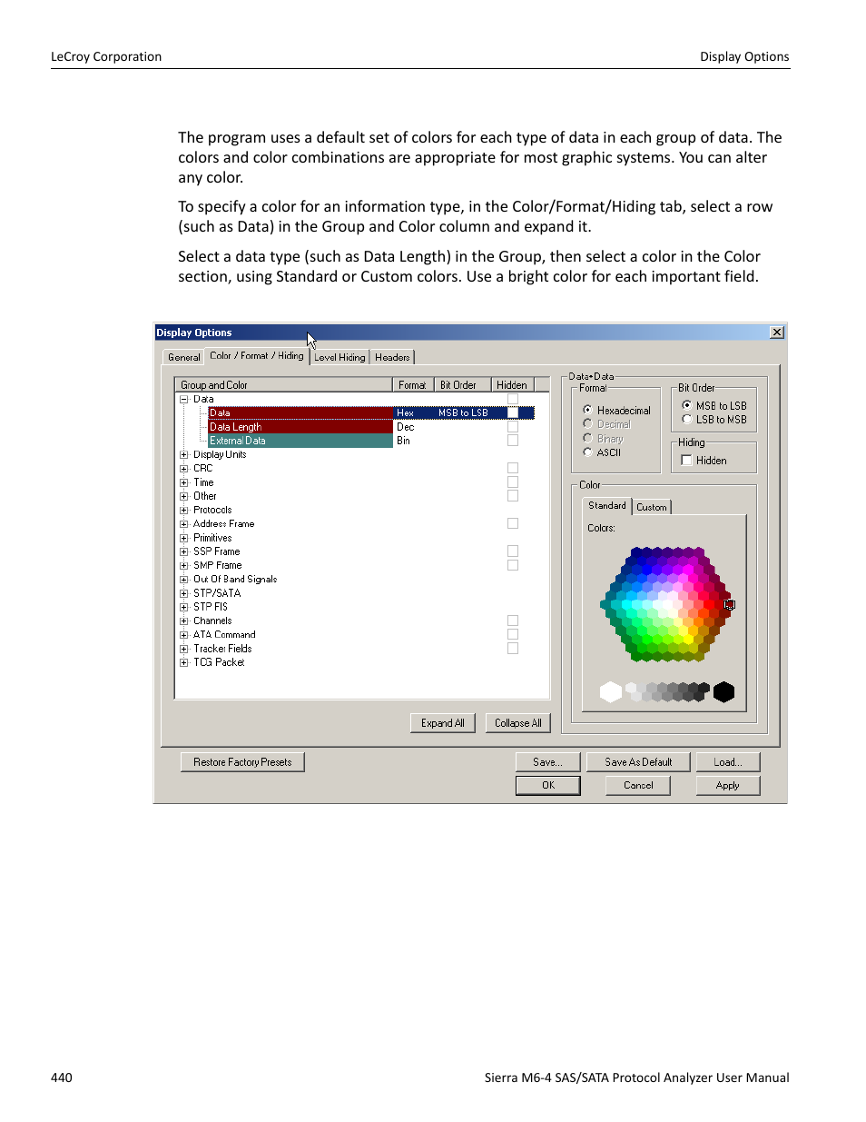 Color display options | Teledyne LeCroy STX M6-1 SAS_SATA Protocol Analyzer User Manual User Manual | Page 442 / 468