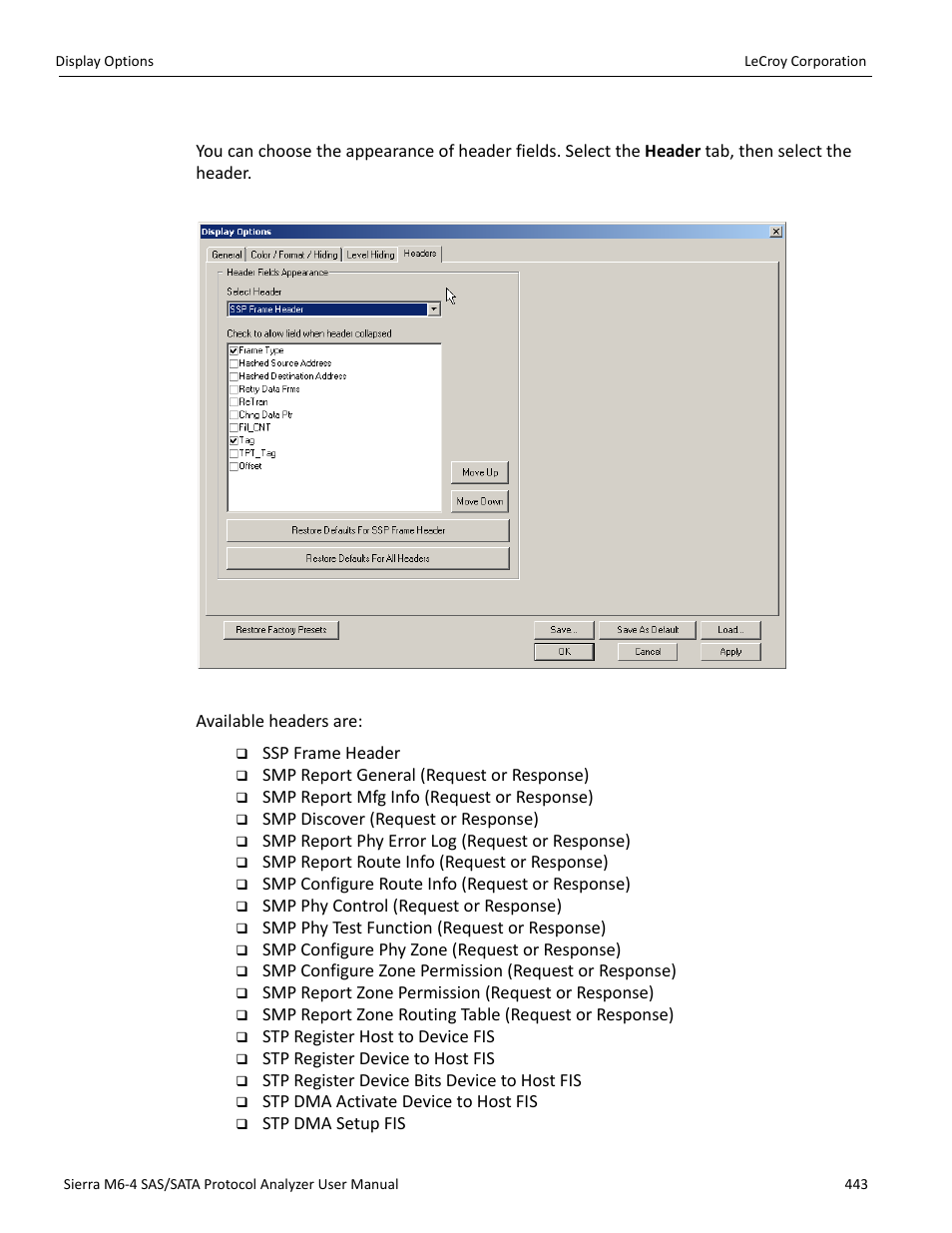 Headers options | Teledyne LeCroy STX M6-1 SAS_SATA Protocol Analyzer User Manual User Manual | Page 445 / 468