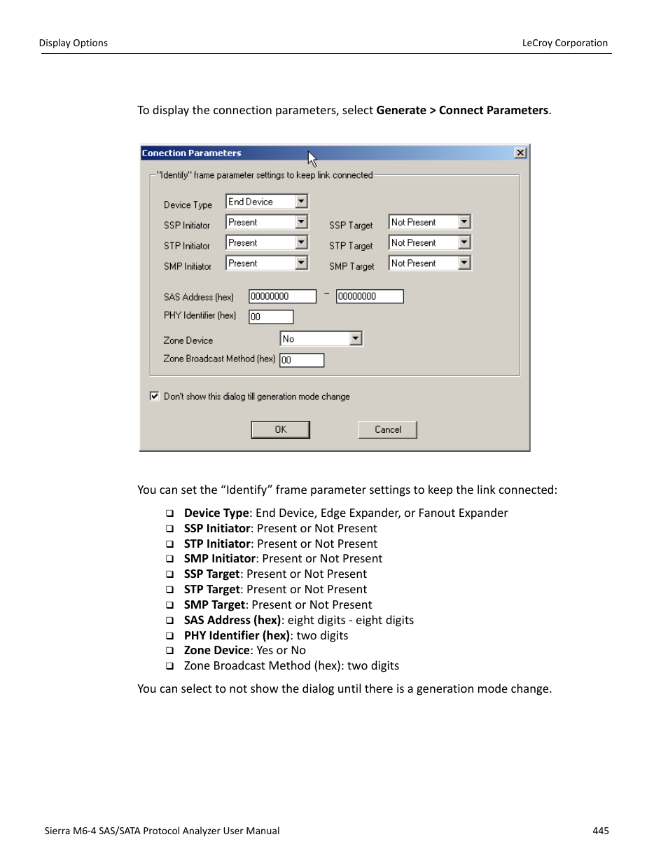Connection parameters | Teledyne LeCroy STX M6-1 SAS_SATA Protocol Analyzer User Manual User Manual | Page 447 / 468