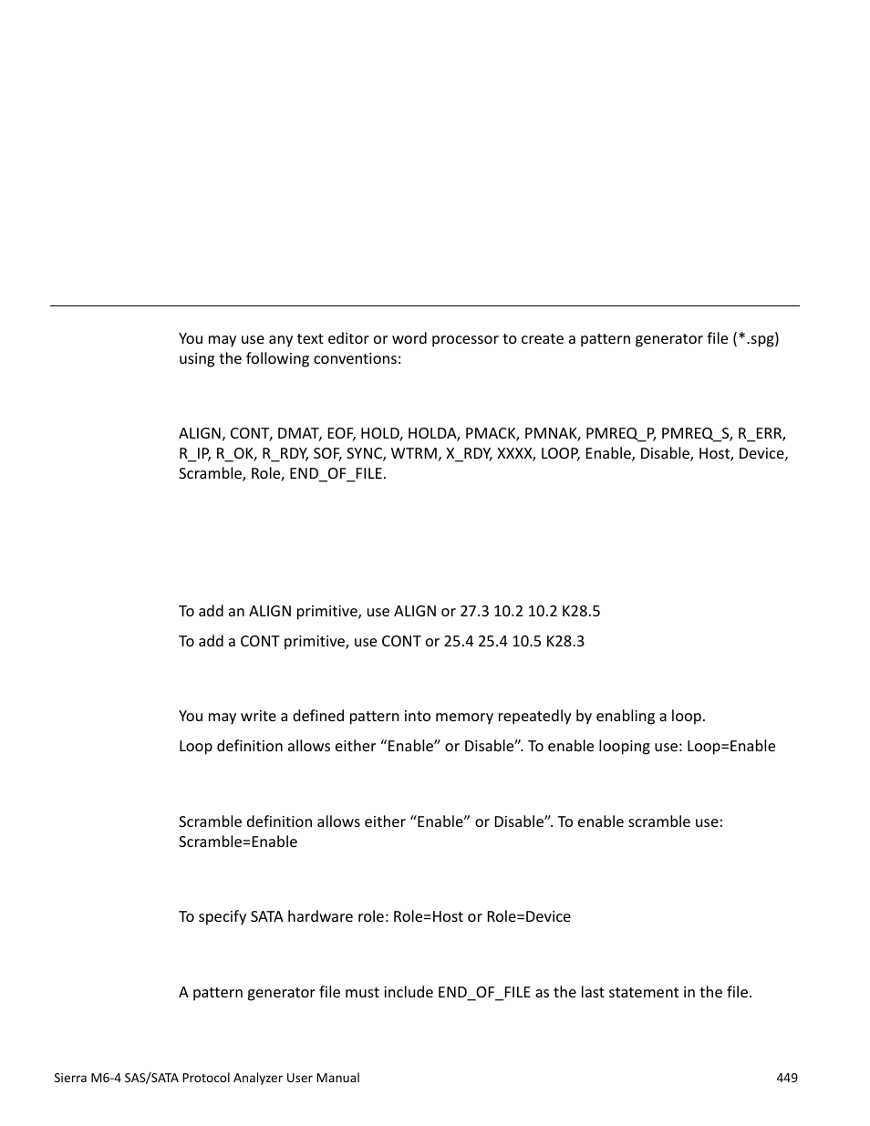 Appendix a, Creating a pattern generator file, Key words | Comment format, Primitive definition format, Loop definition format, Scramble definition format, Role definition format, End_of_file definition, Appendix a: creating a pattern generator file | Teledyne LeCroy STX M6-1 SAS_SATA Protocol Analyzer User Manual User Manual | Page 451 / 468